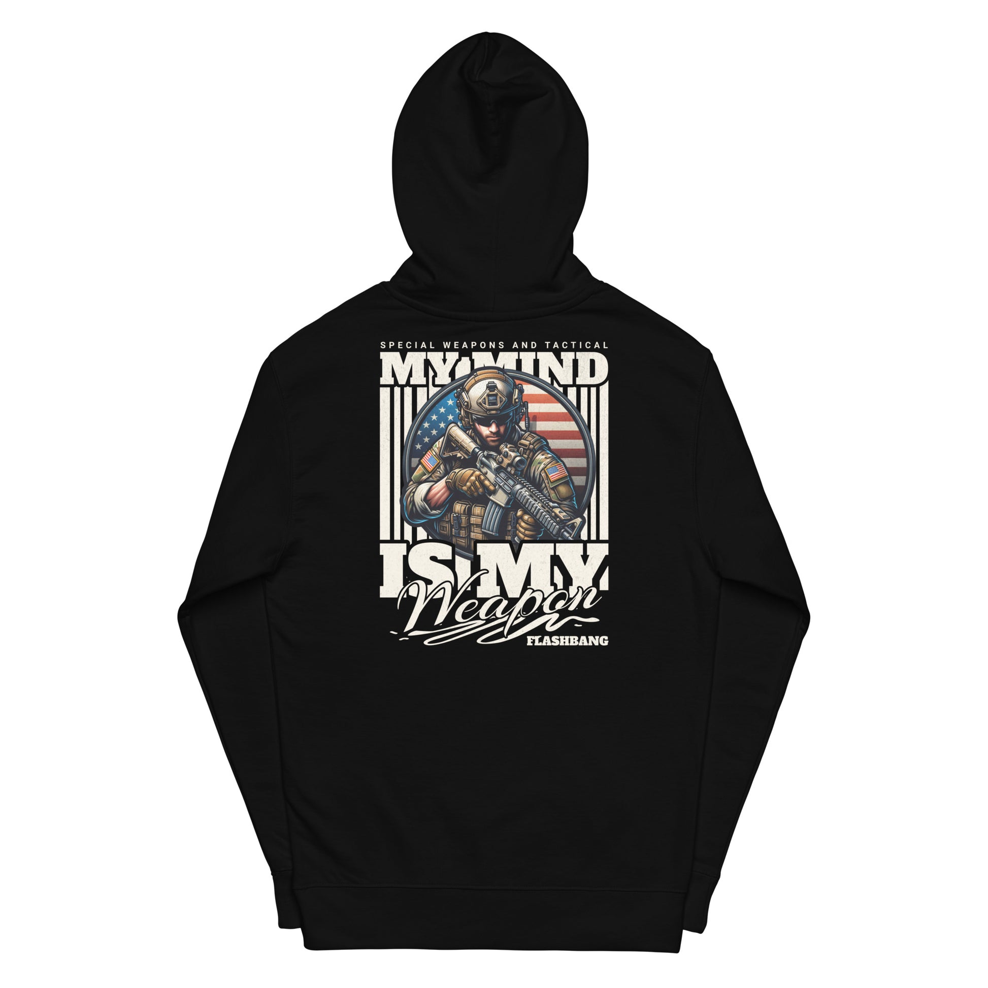 Black hoodie with graphic design and text on a white background