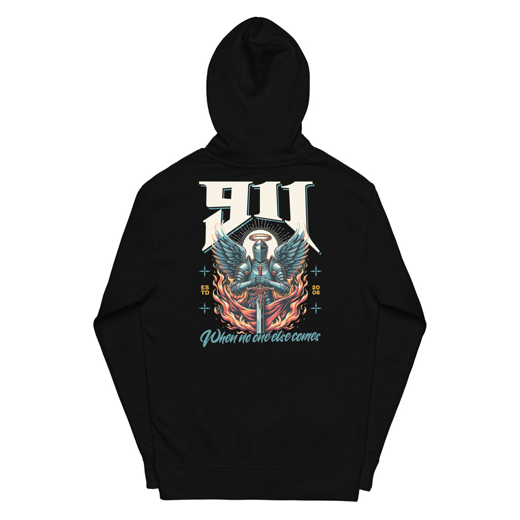 Black hoodie with a colorful graphic design on the back against a white background