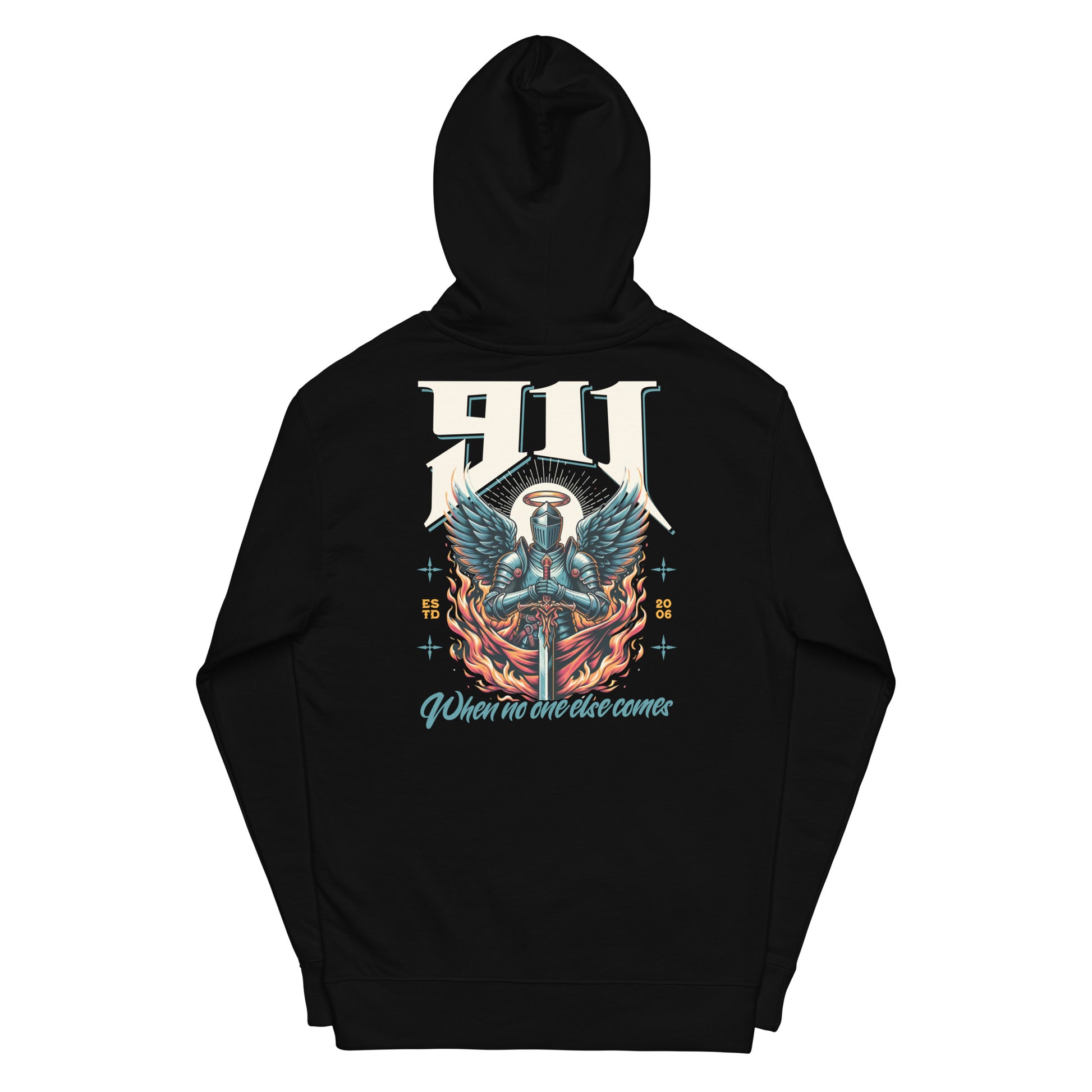 Black hoodie with a colorful graphic design on the back against a white background