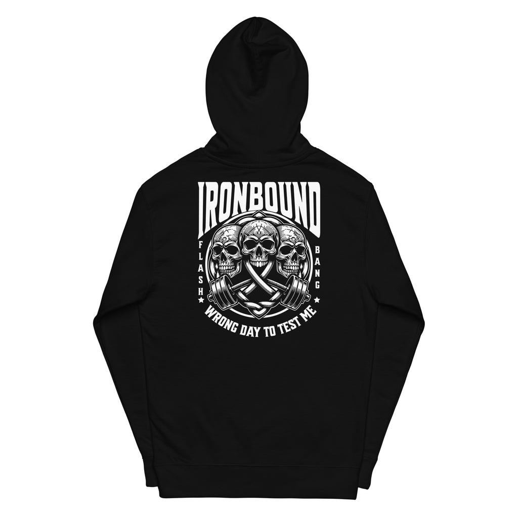 Black hoodie with white graphic design on the back on a white background
