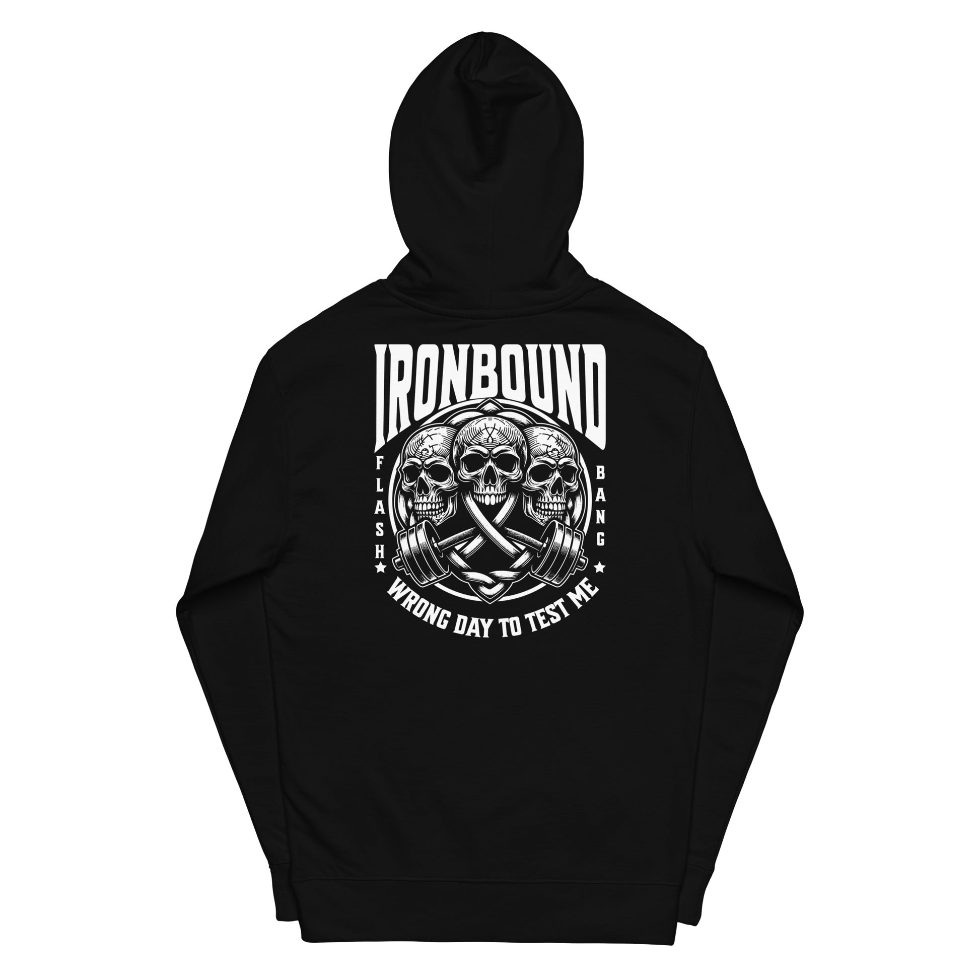 Black hoodie with white graphic design on the back on a white background