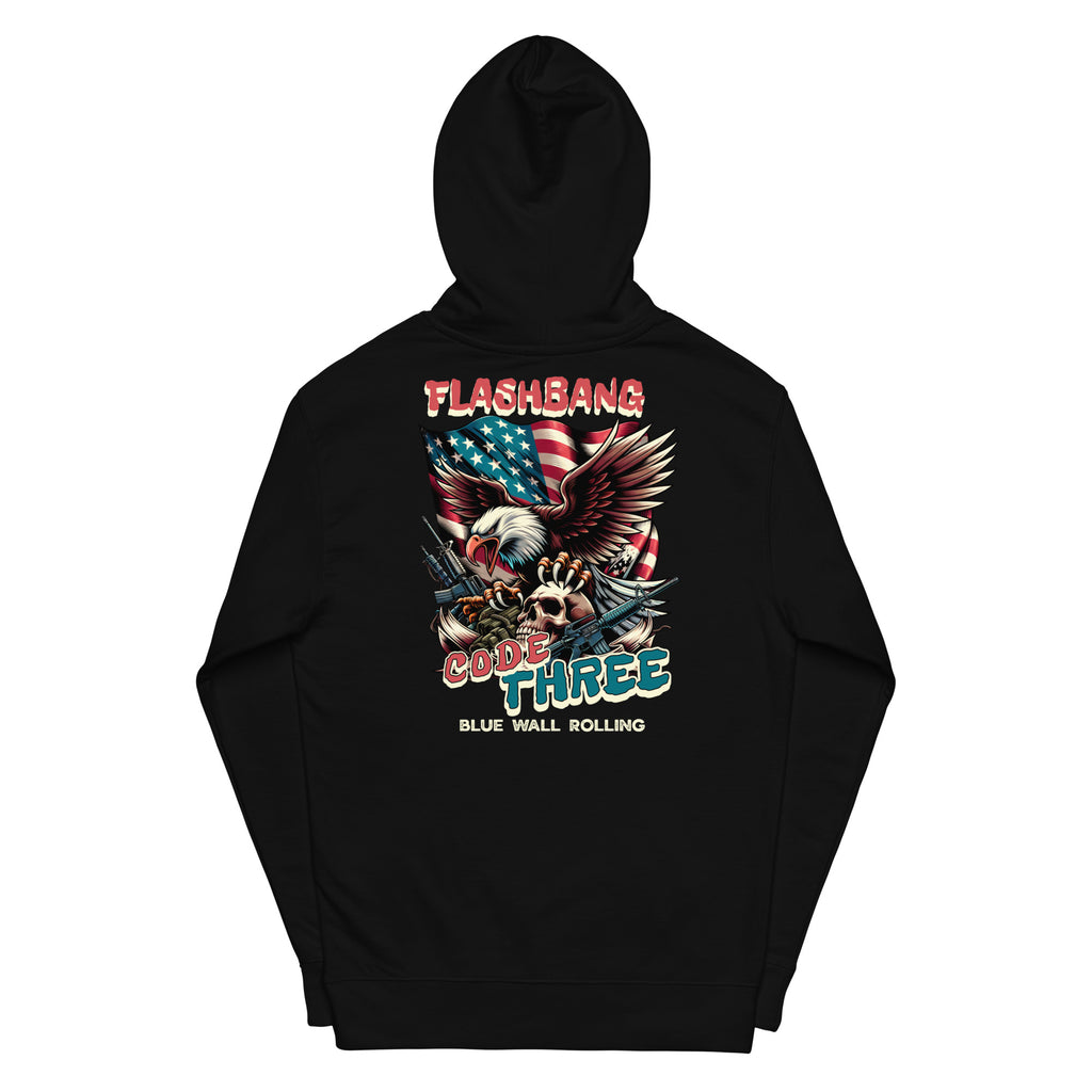 Black hoodie with 'Flashbang Code Three' graphic on a white background
