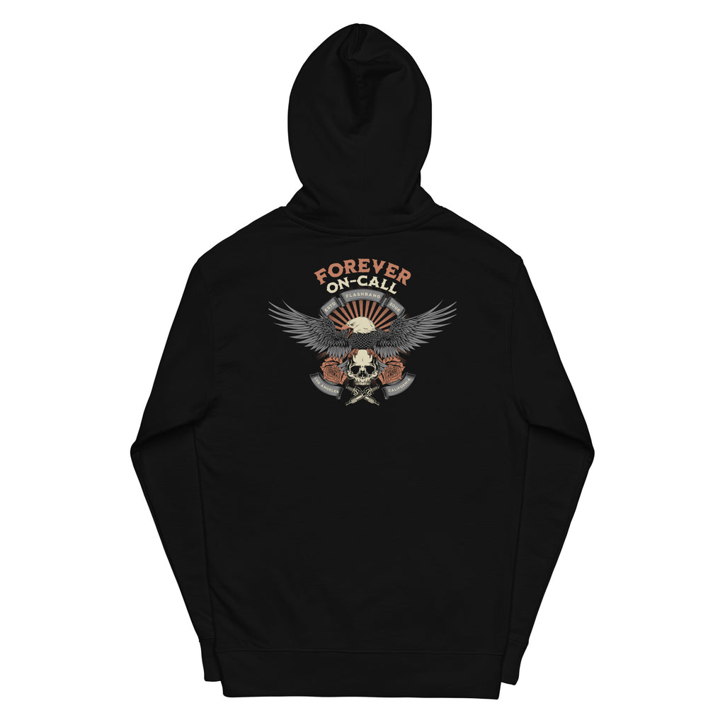 Black hoodie with a skull and wings design on the back against a white background