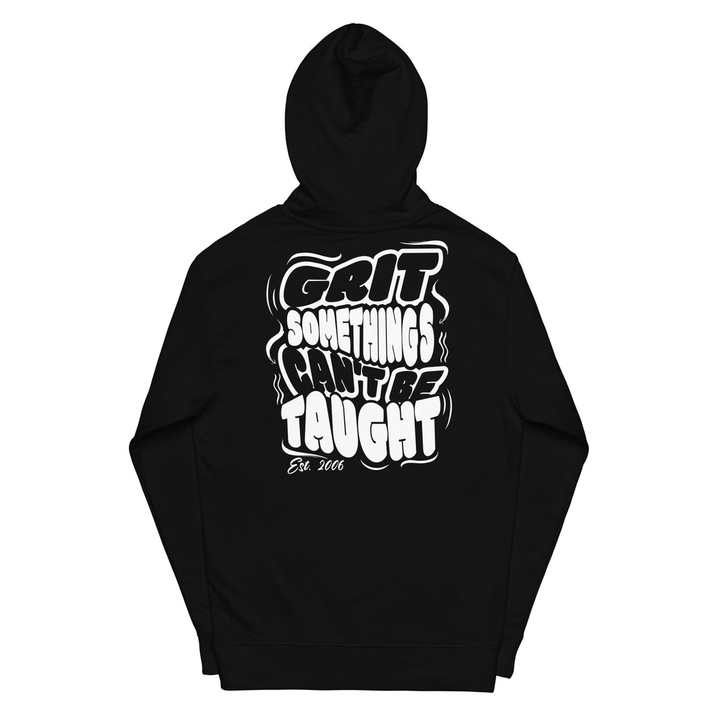 Black hoodie with white text on the back on a white background