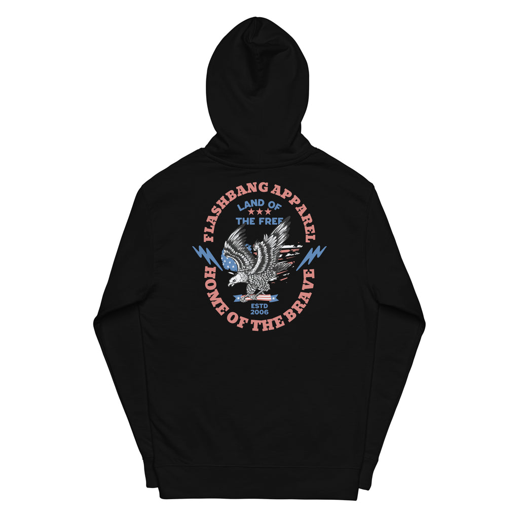 Black hoodie with a graphic design on the back against a white background