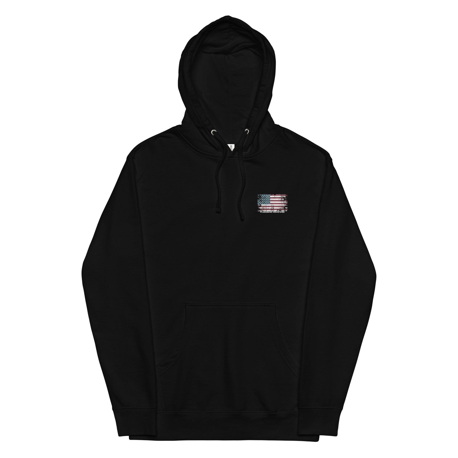 Black hoodie with a small flag patch on the chest against a white background