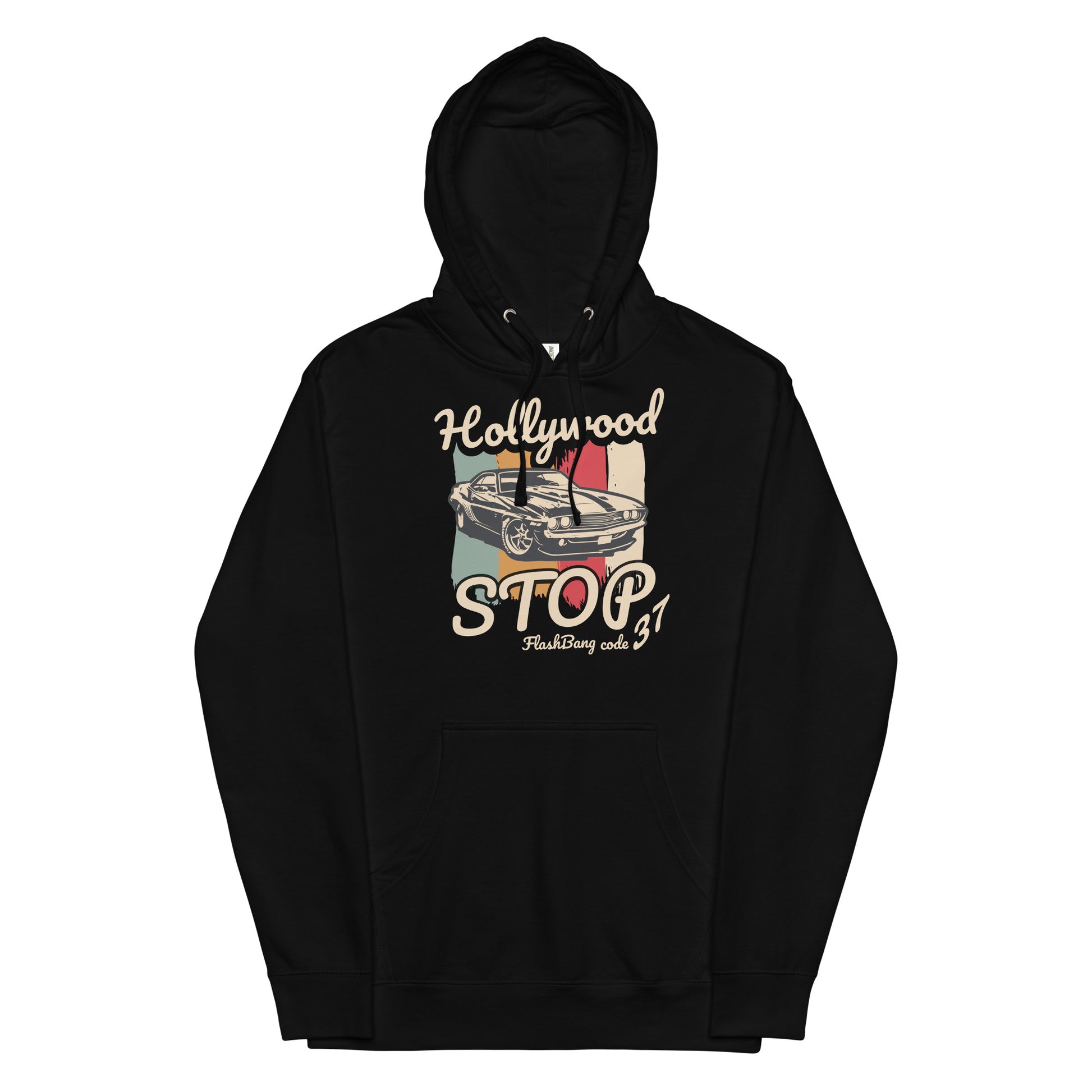 Black hoodie with a graphic design on a white background