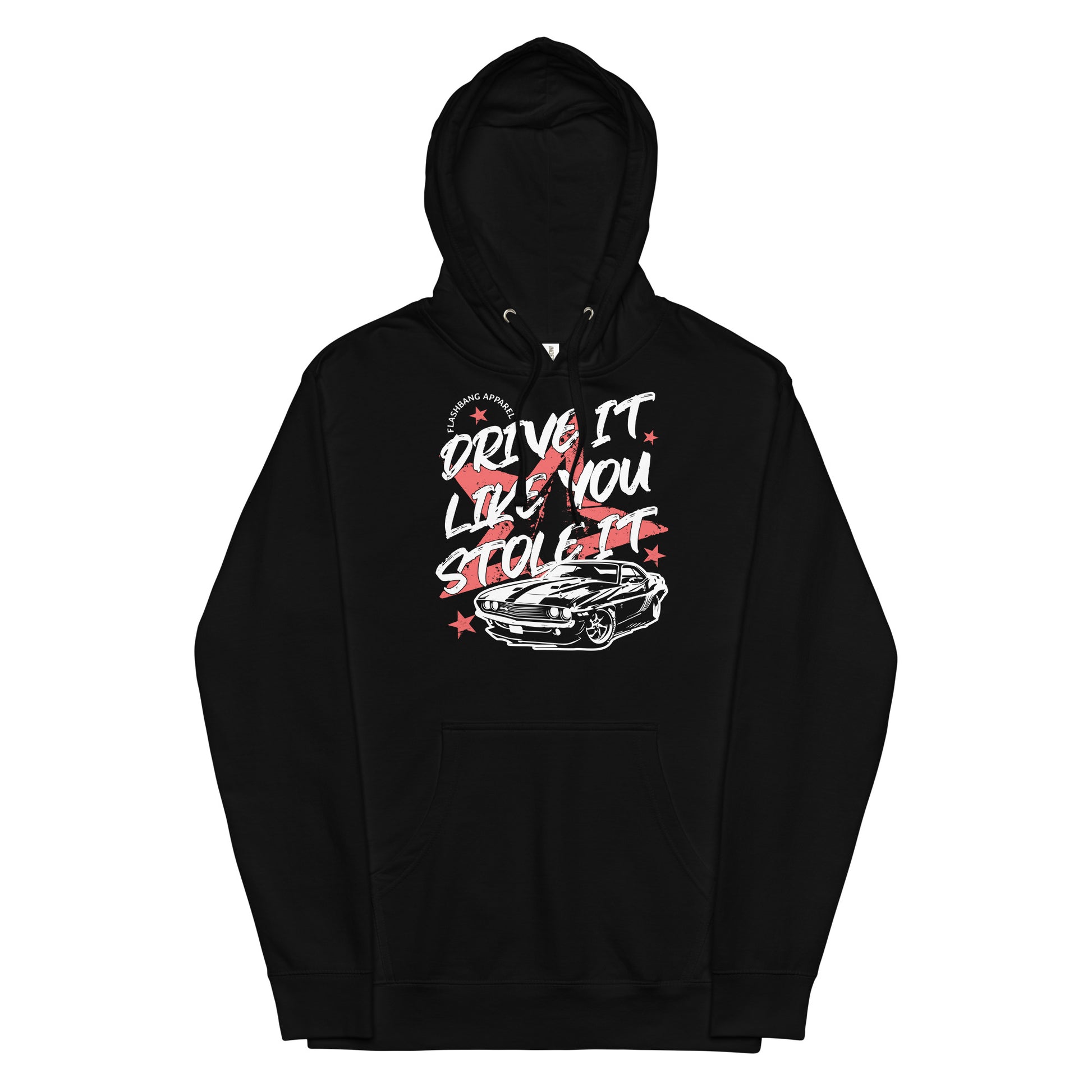 Black hoodie with graphic design and text on a white background