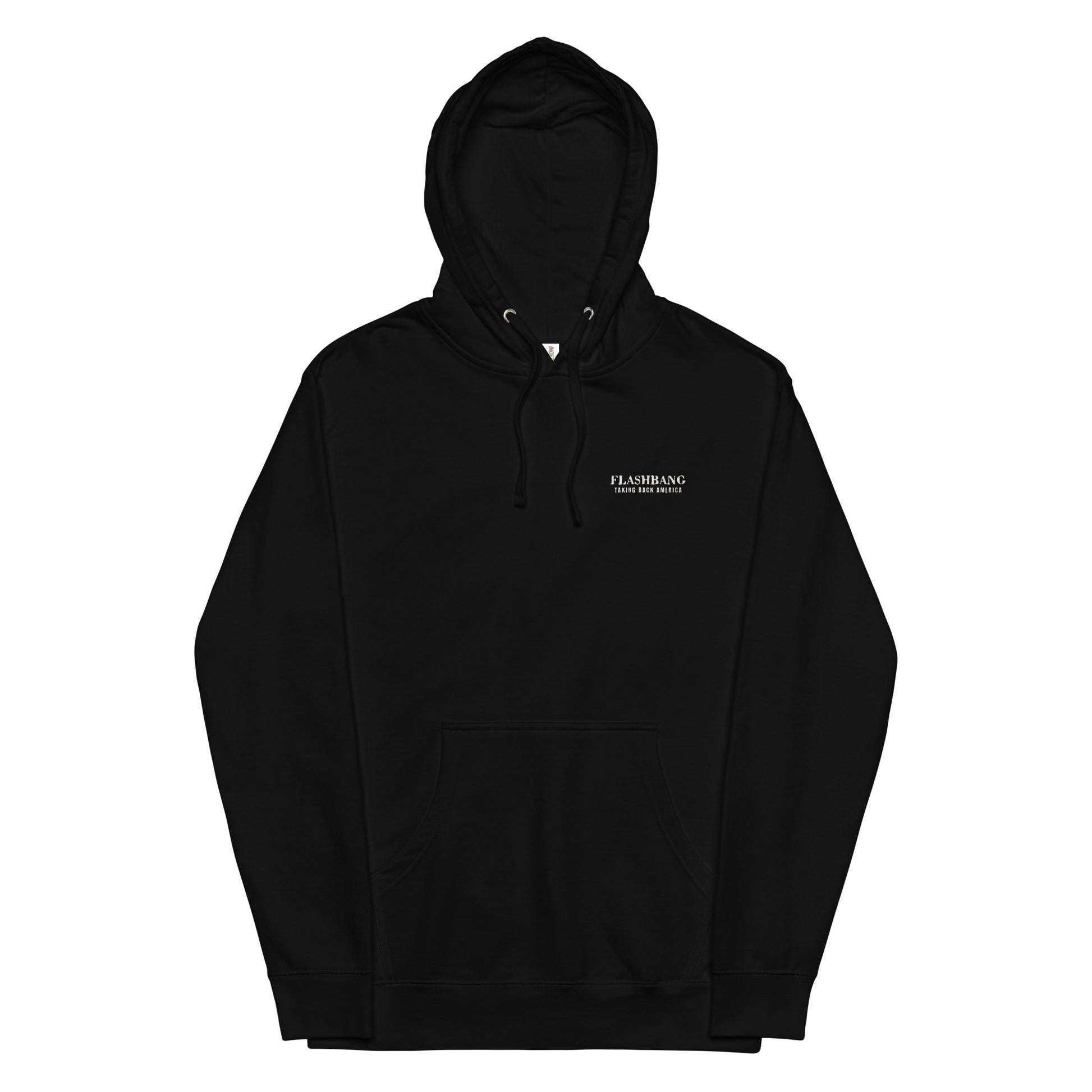 Black hoodie with a small white logo on a white background