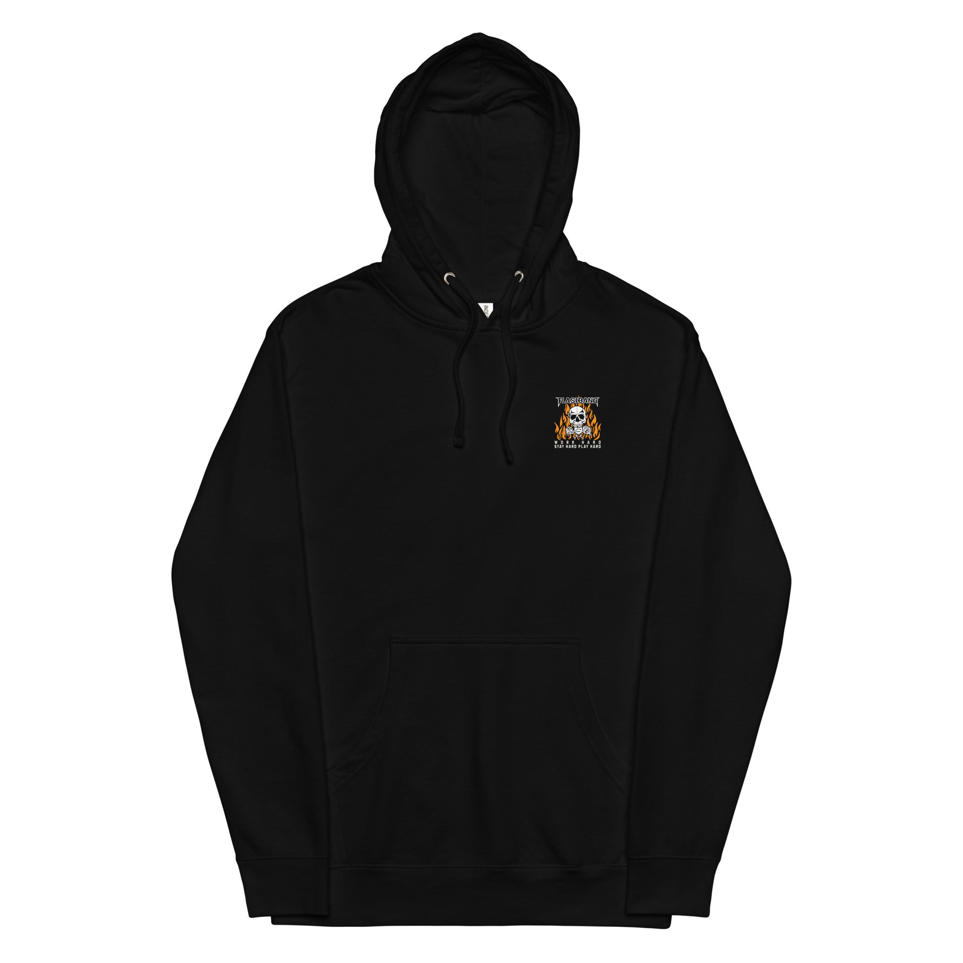 Black hoodie with a small logo on the chest against a white background