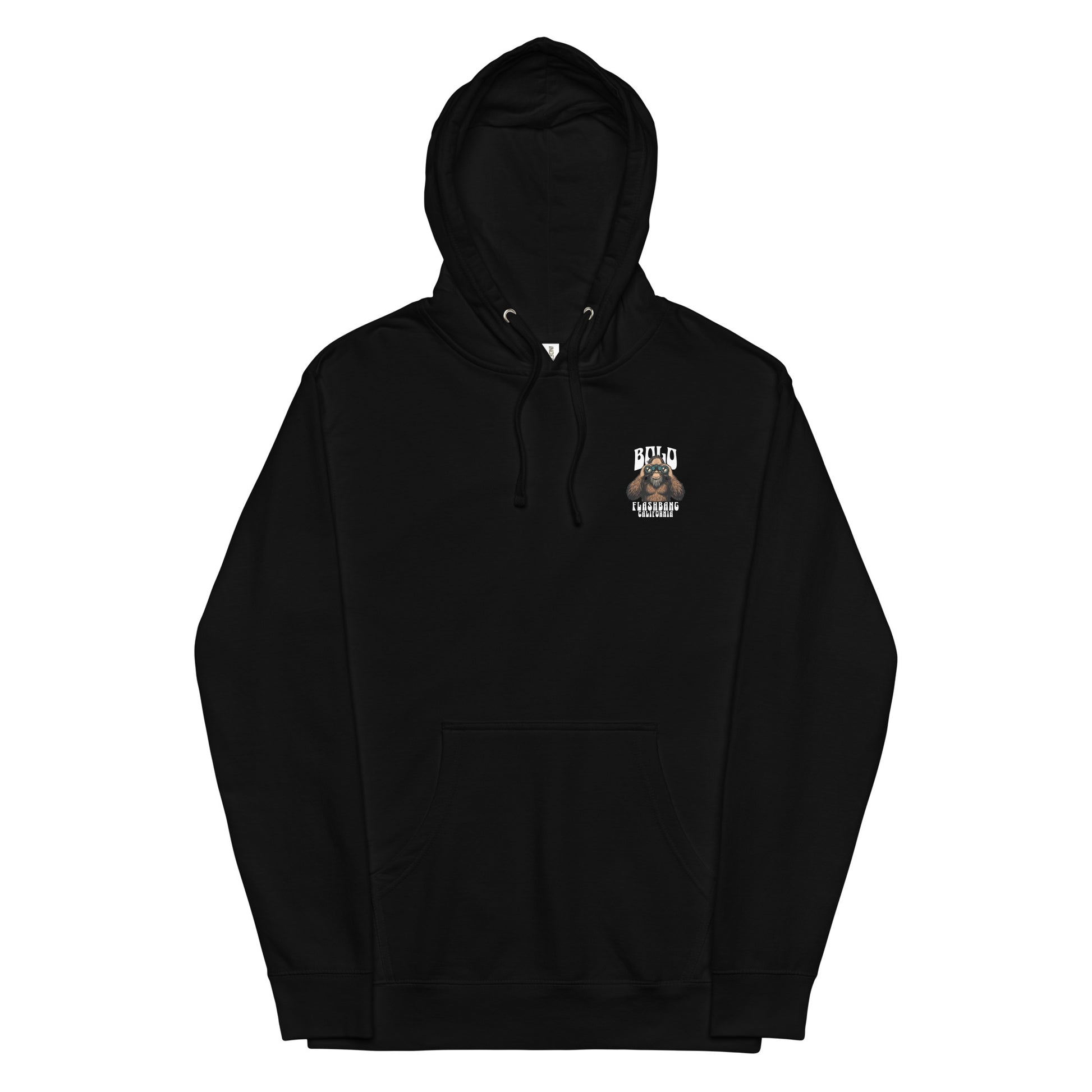 Black hoodie with a small logo on the chest against a white background