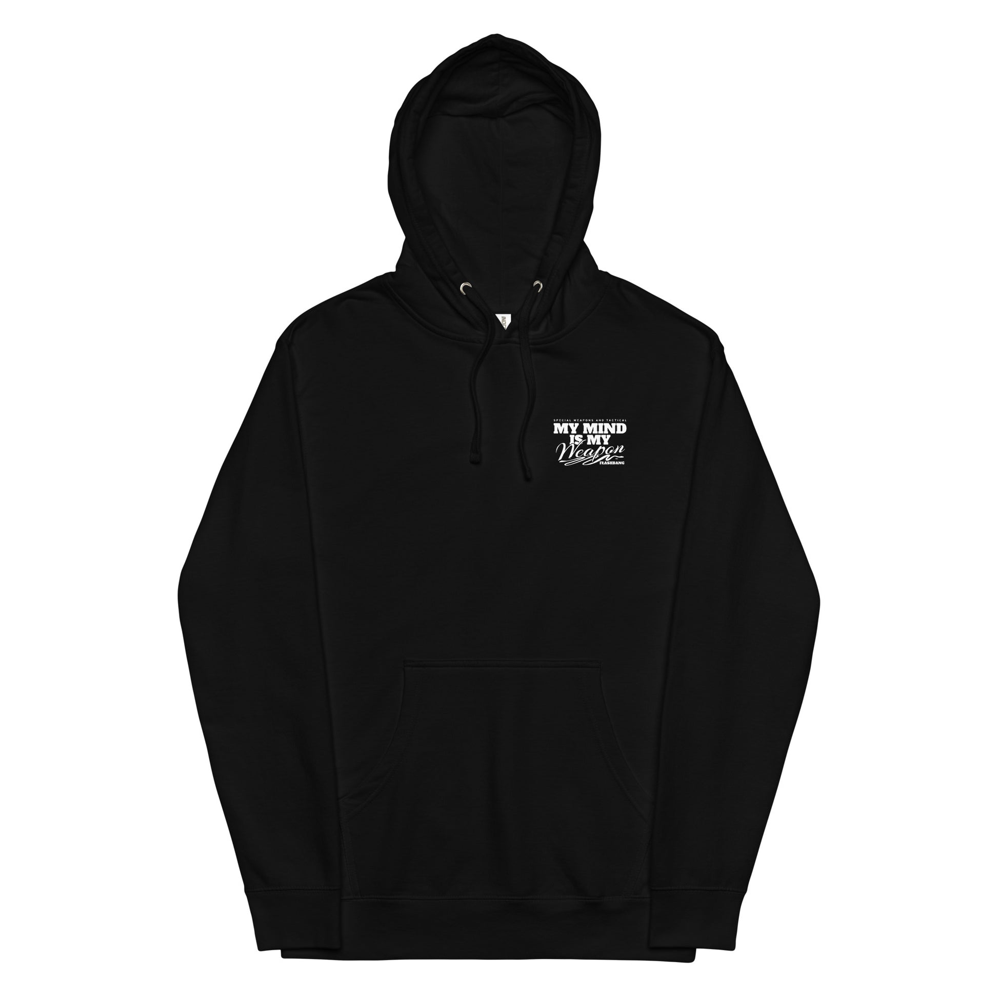 Black hoodie with a logo on the chest against a white background