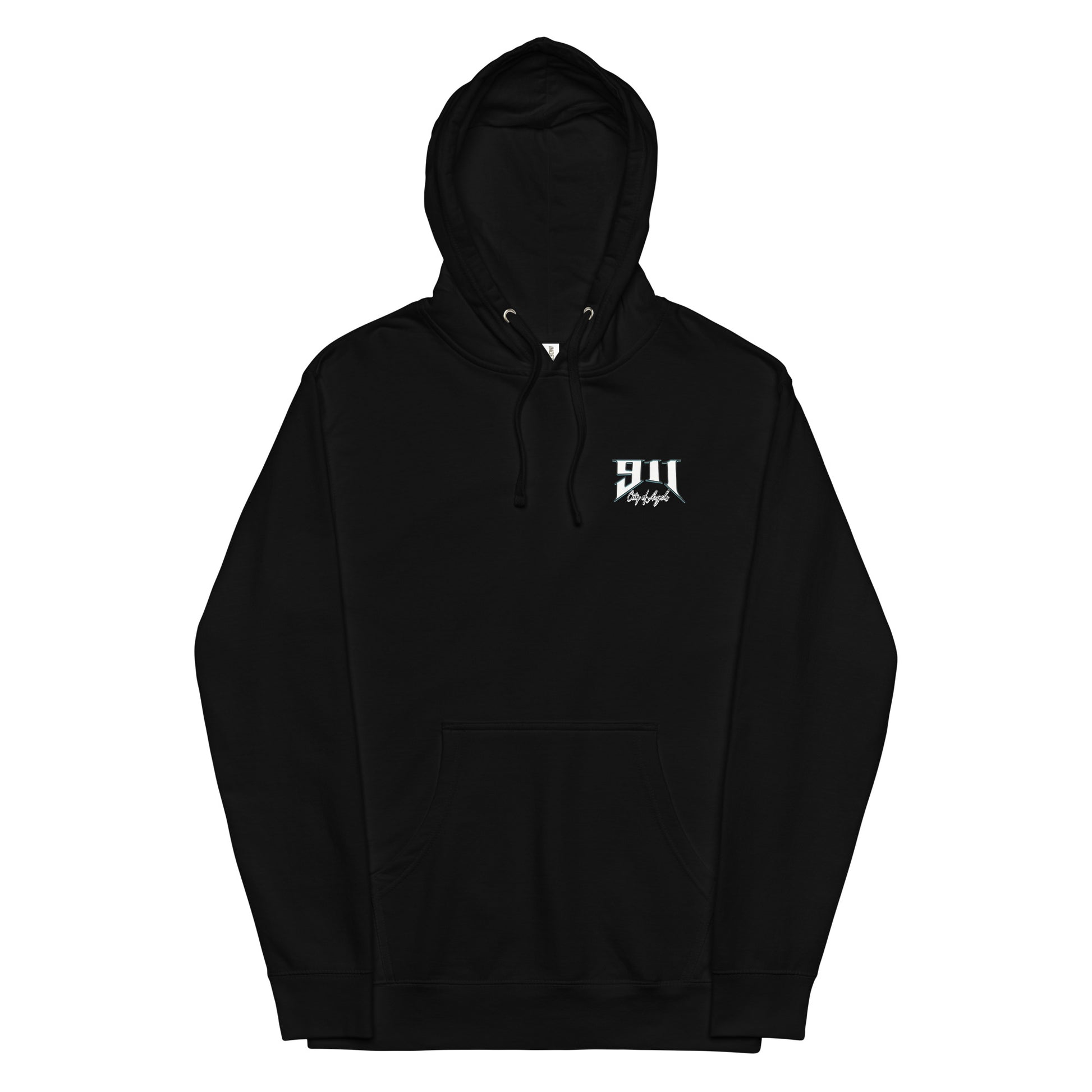 Black hoodie with a white logo on a white background