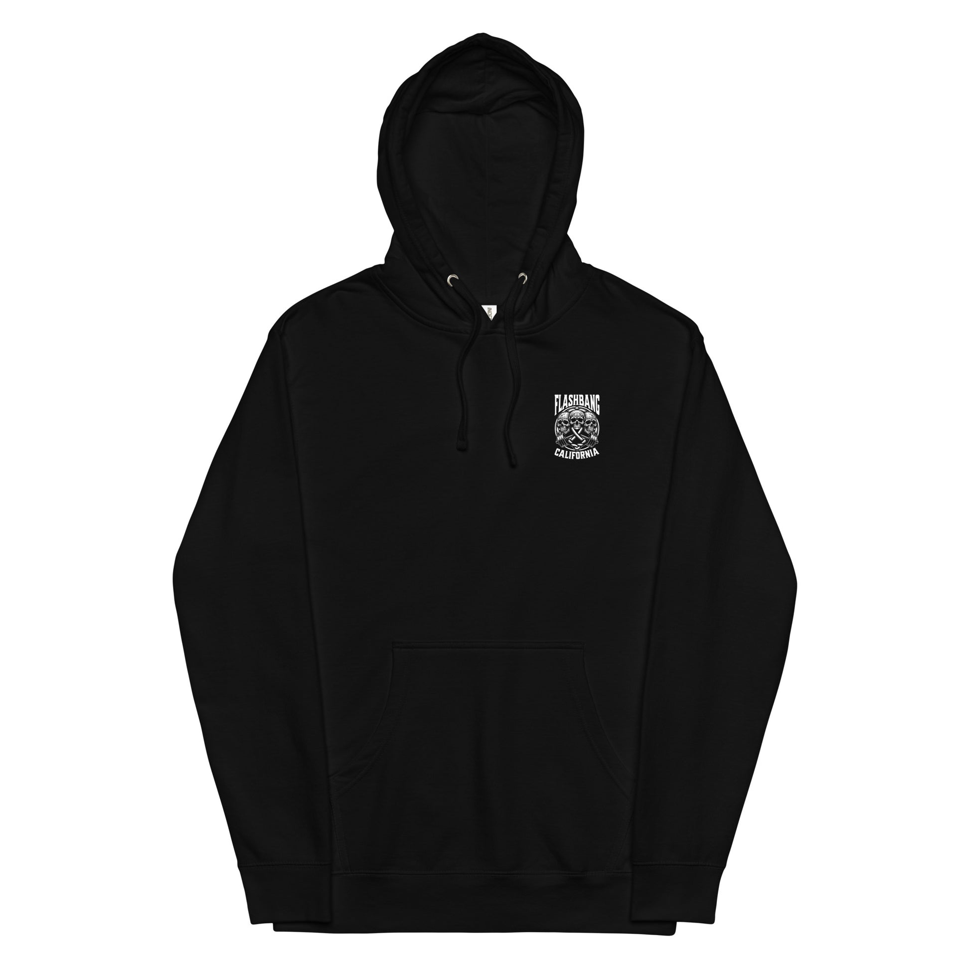 Black hoodie with a small white logo on the chest against a white background