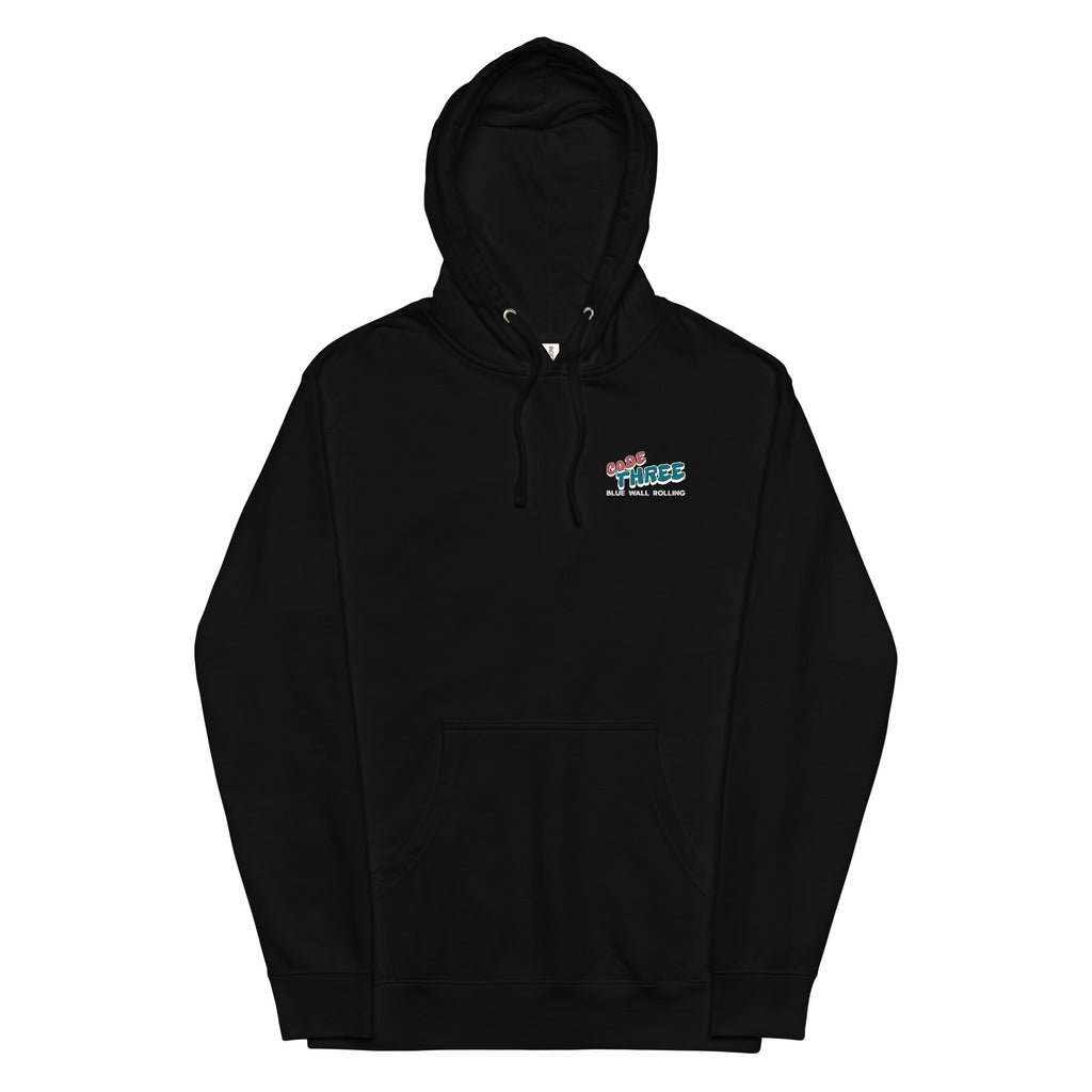 Black hoodie with a logo on the chest against a white background