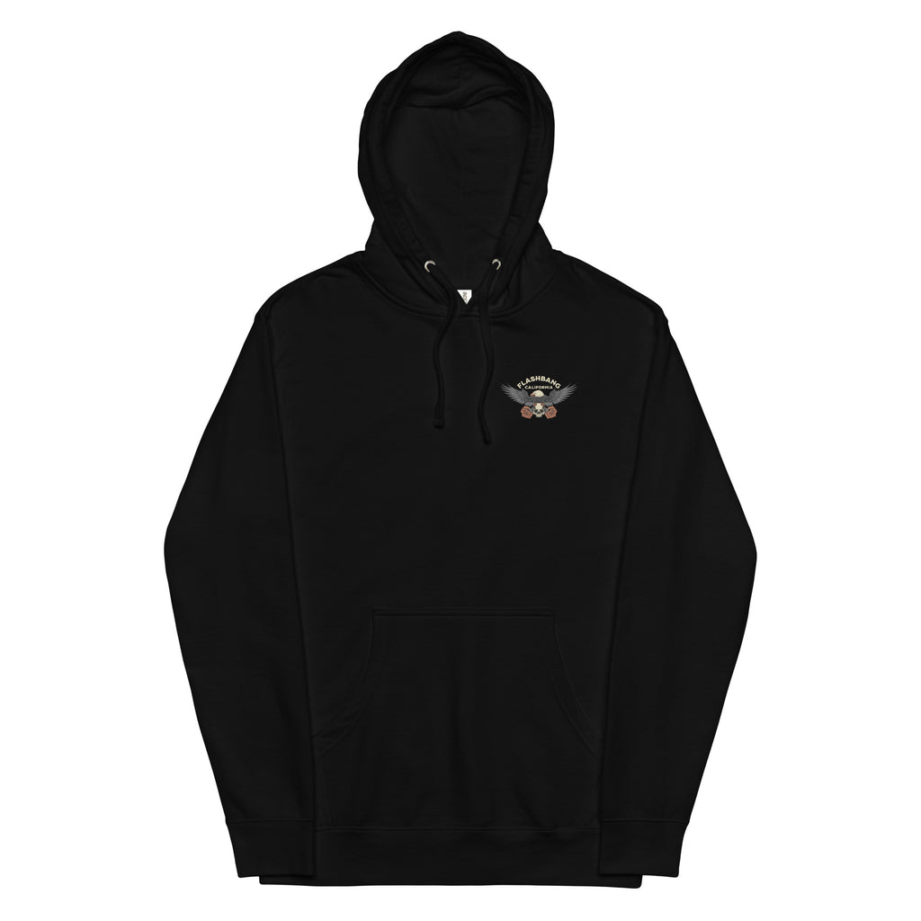 Black hoodie with a small logo on the chest against a white background