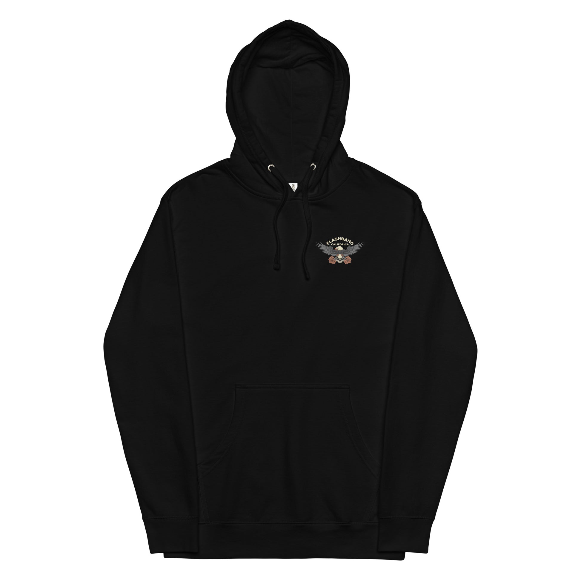 Black hoodie with a small logo on the chest against a white background