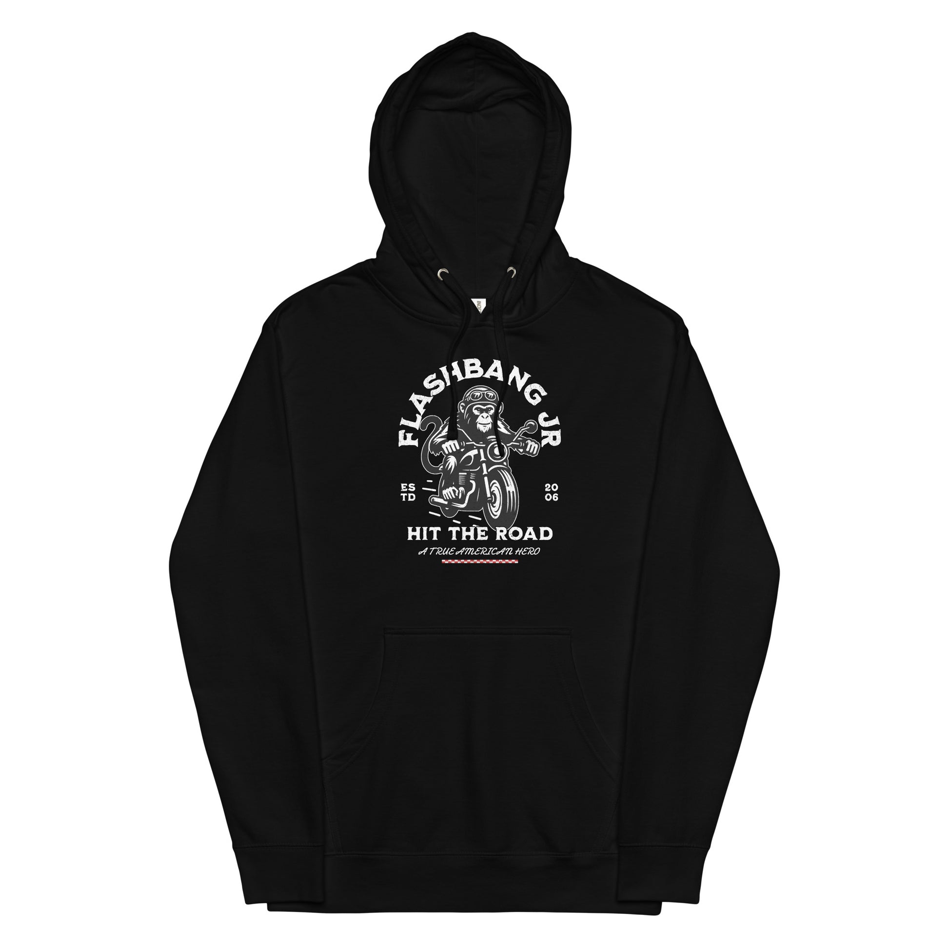 Black hoodie with white graphic and text on a white background