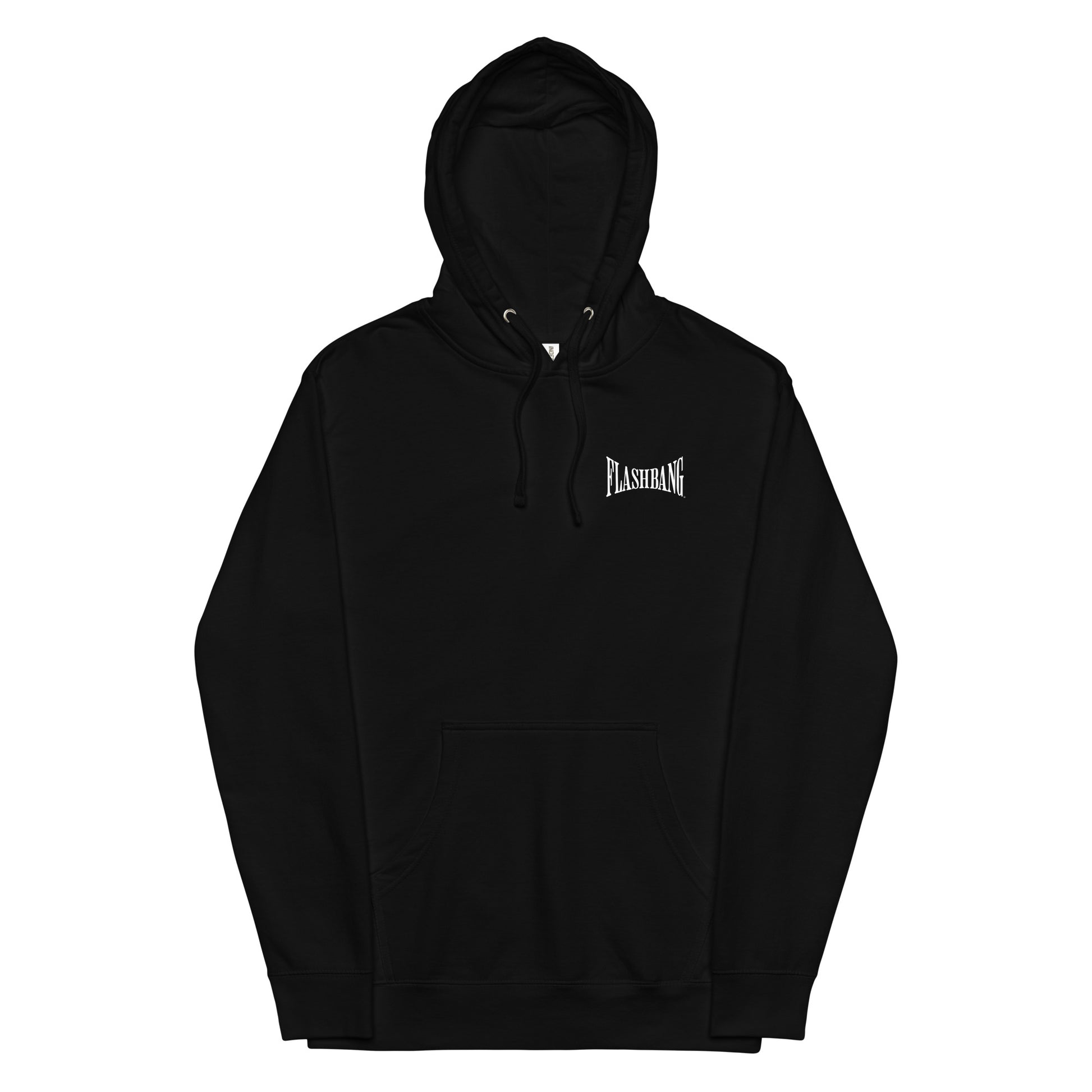 Black hoodie with a logo on the chest against a white background