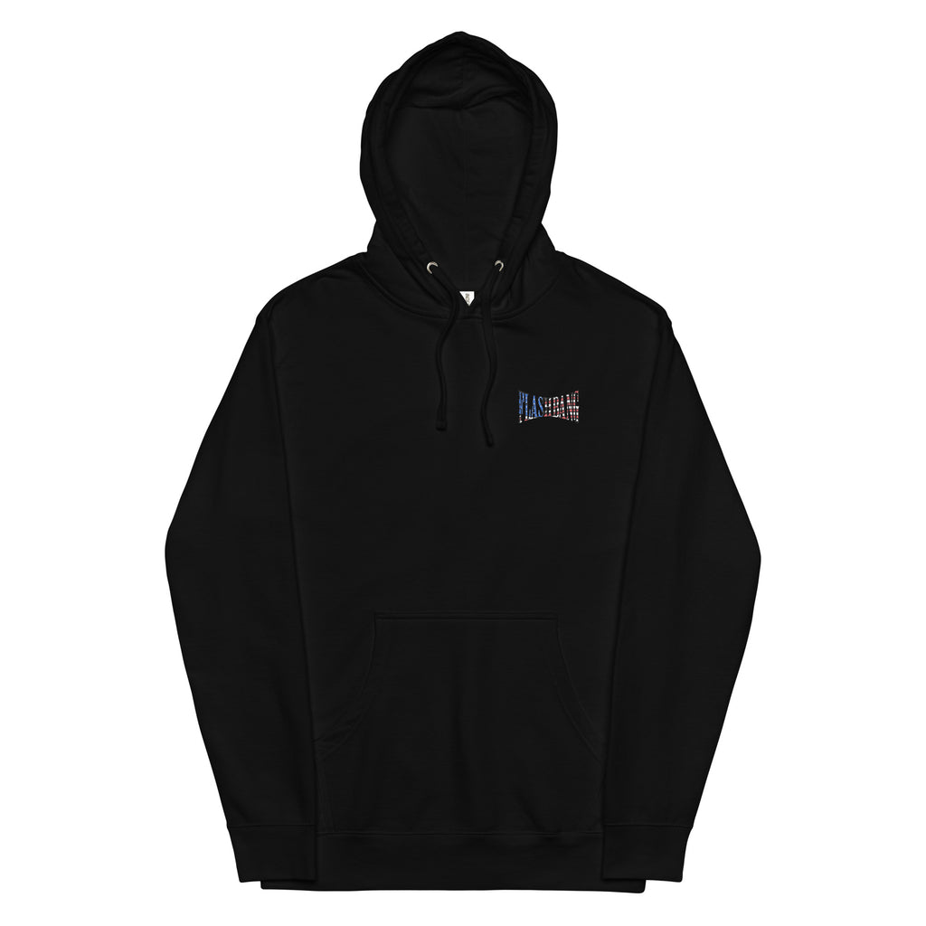 Black hoodie with a small logo on the chest against a white background