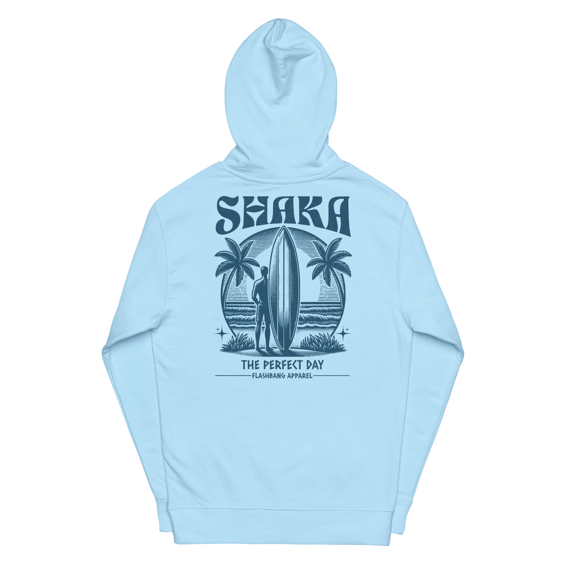 Light blue hoodie with a graphic design on the back featuring palm trees and a surfboard, on a white background.