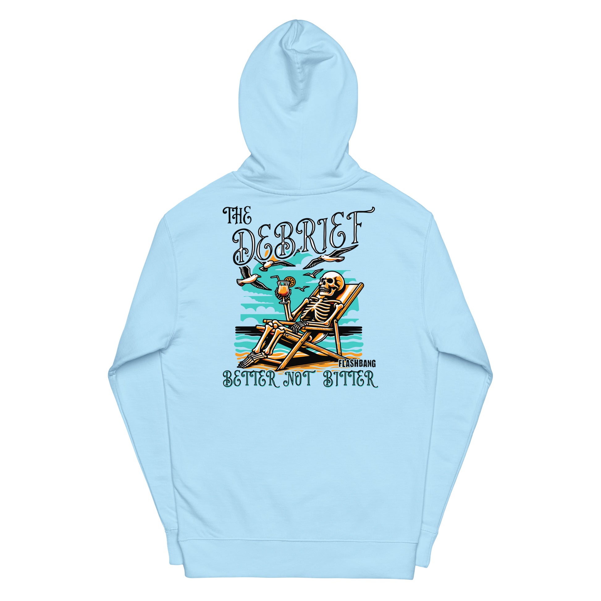 Light blue hoodie with skeleton design and text on a white background