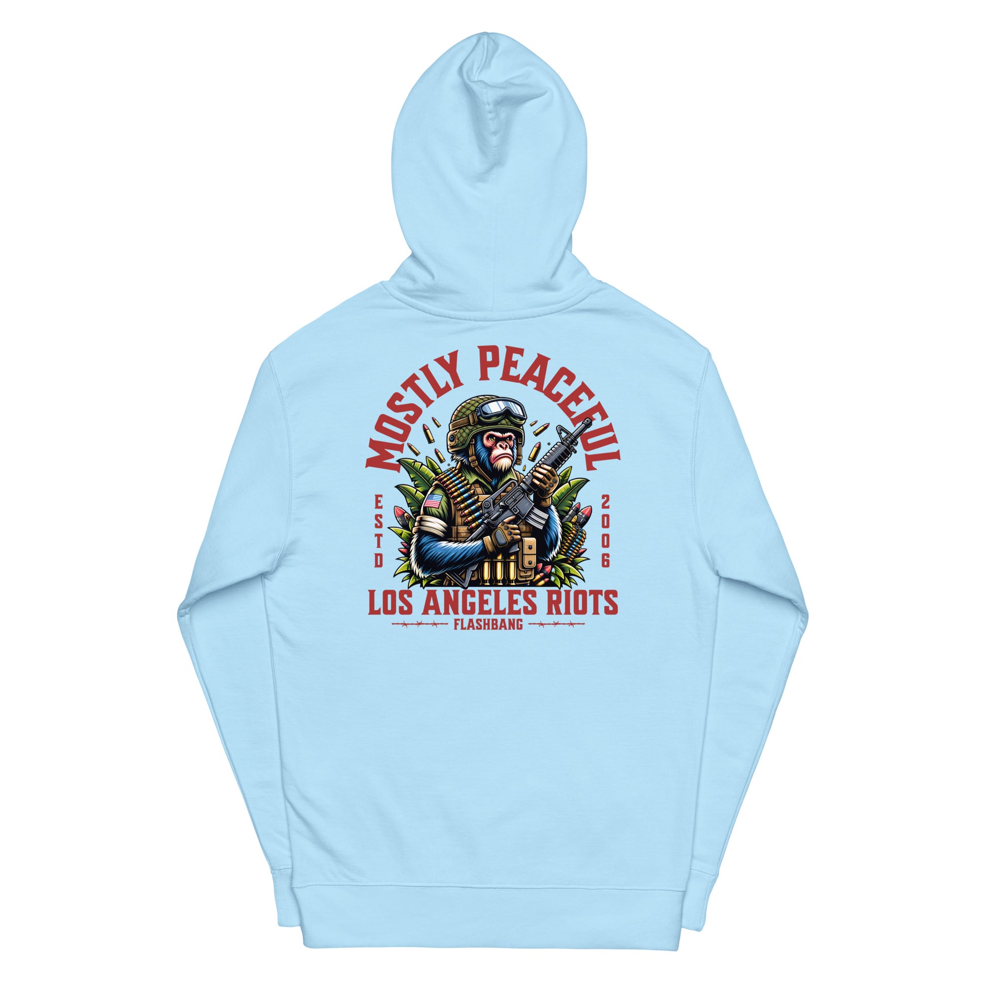Light blue hoodie with graphic design and text on a white background