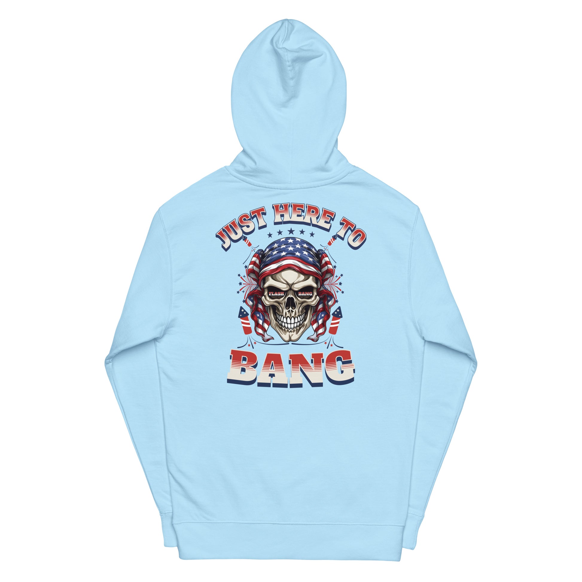 Light blue hoodie with a skull graphic and text on a white background