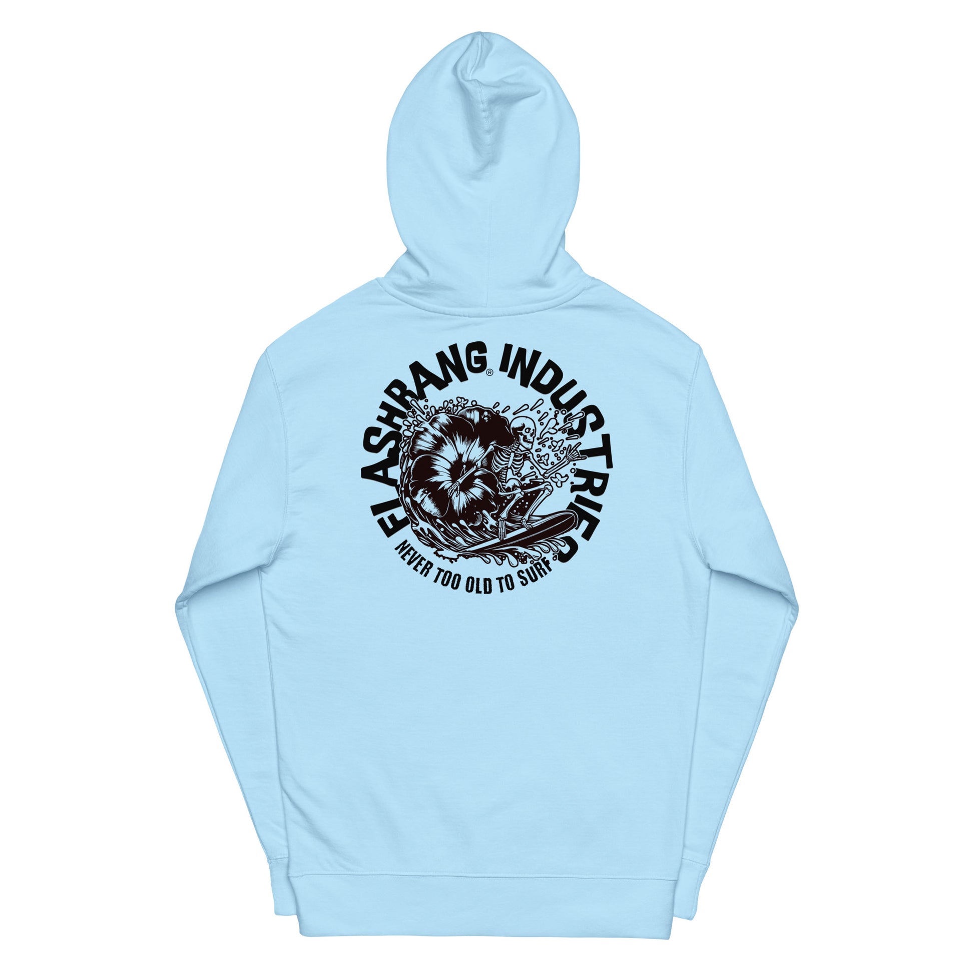 Light blue hoodie with black graphic and text on a white background