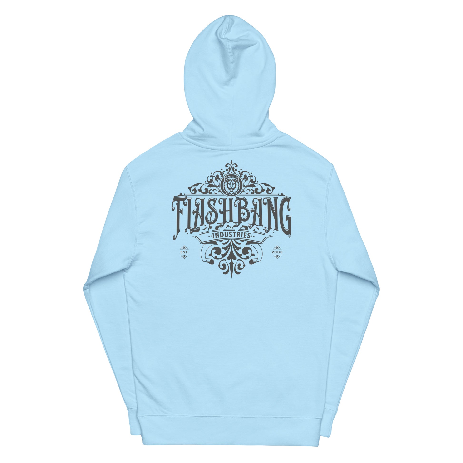 Light blue hoodie with 'Flashbang Industries' logo on a white background
