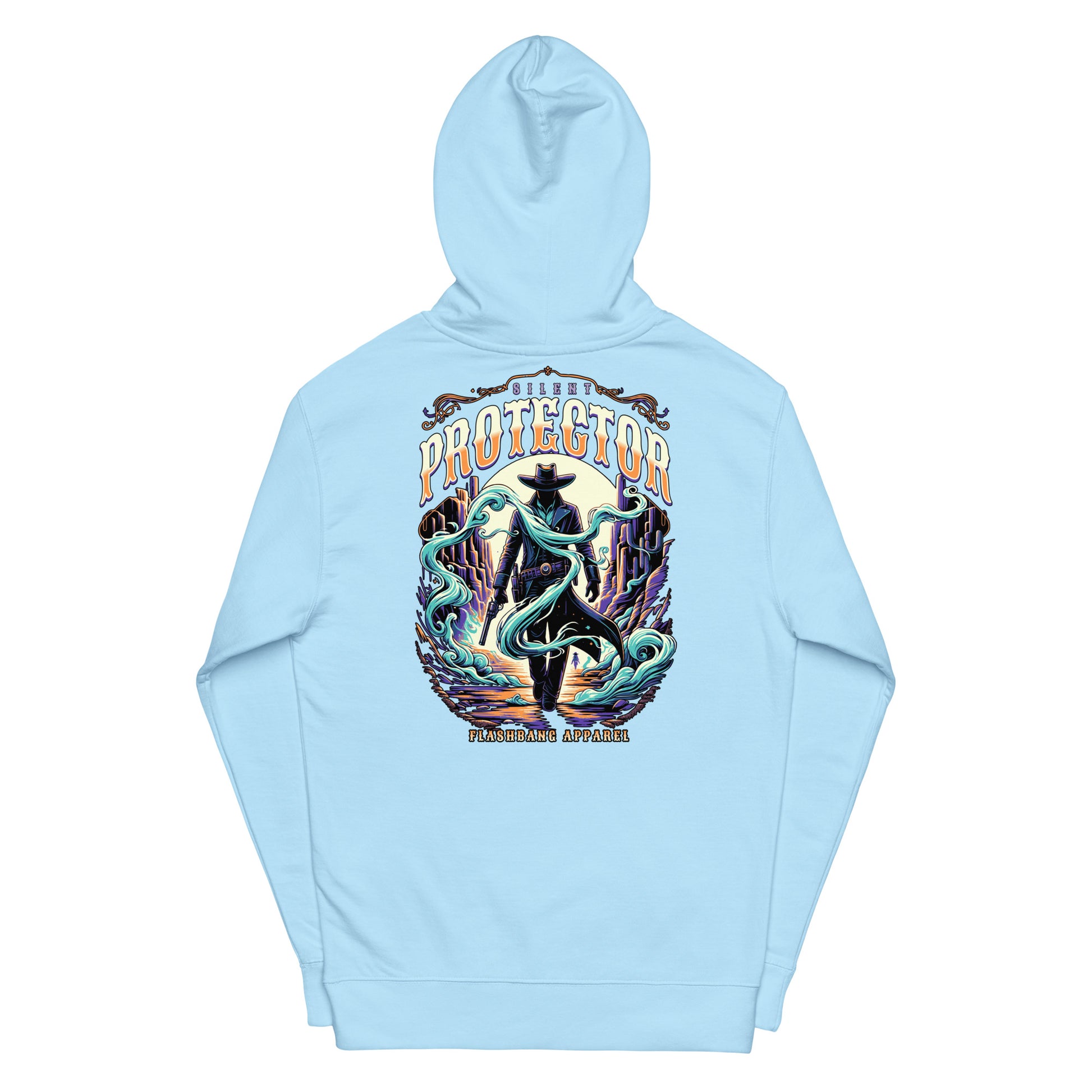 Light blue hoodie with a colorful graphic design on a white background
