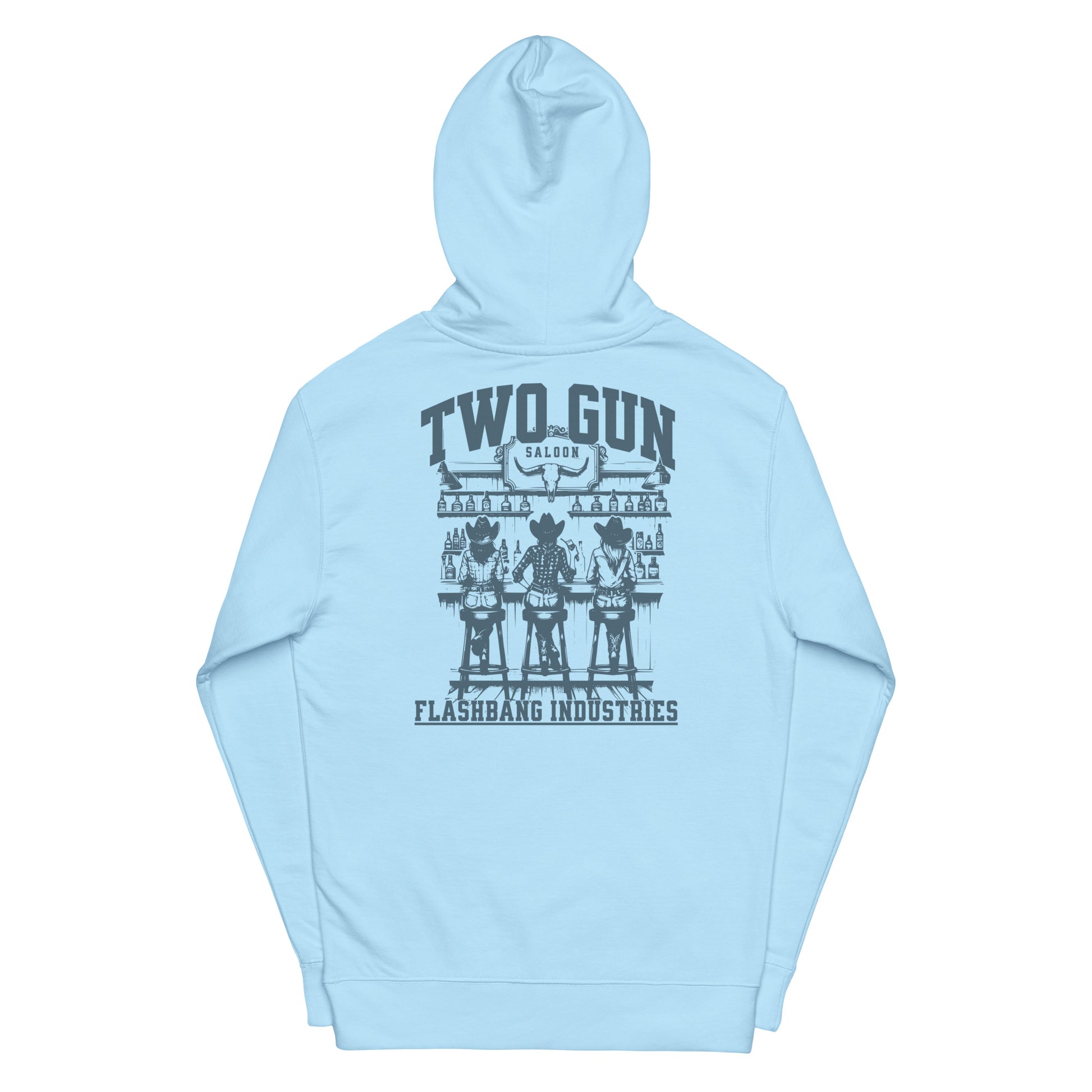 Light blue hoodie with graphic design on the back against a white background