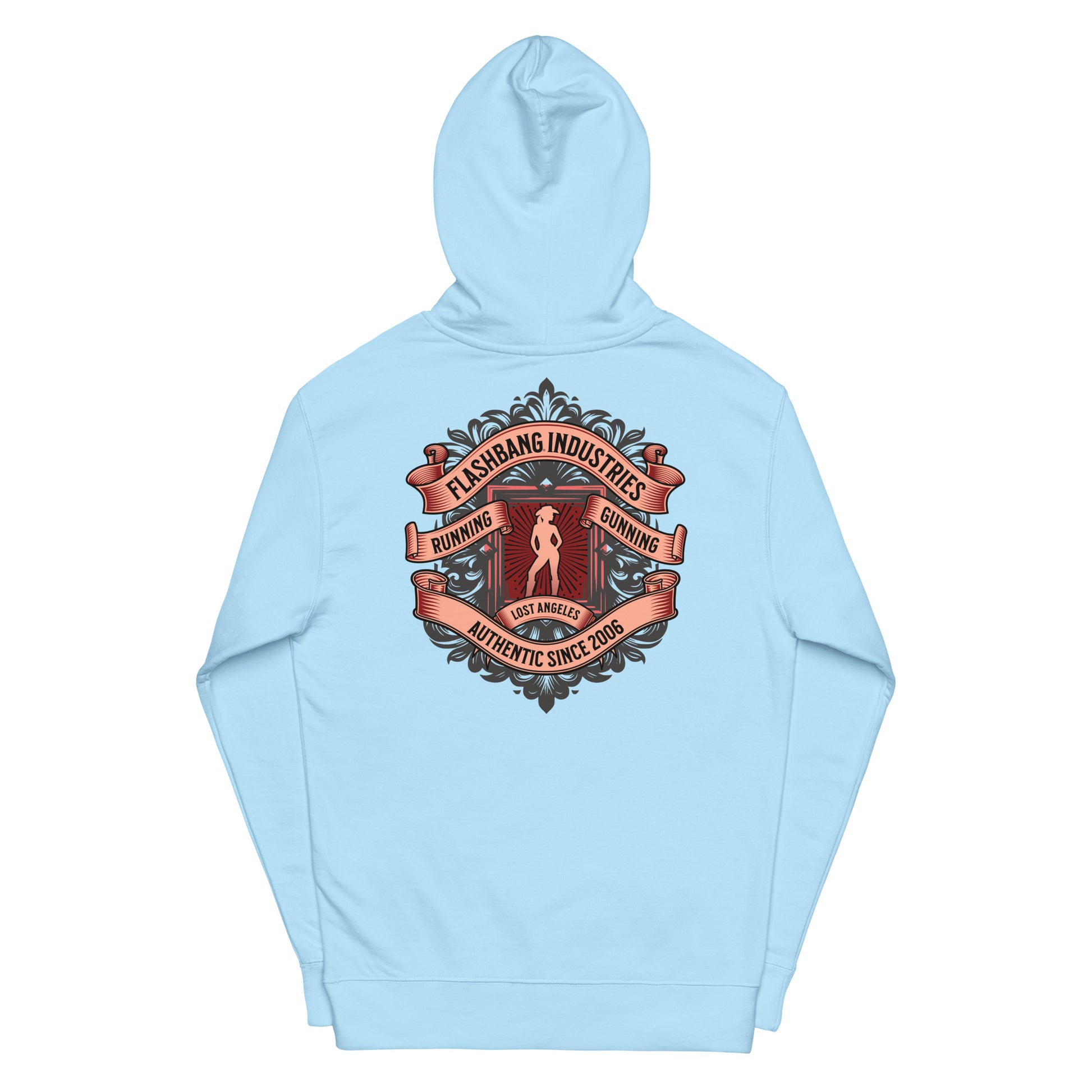 Light blue hoodie with a graphic design on the back against a white background