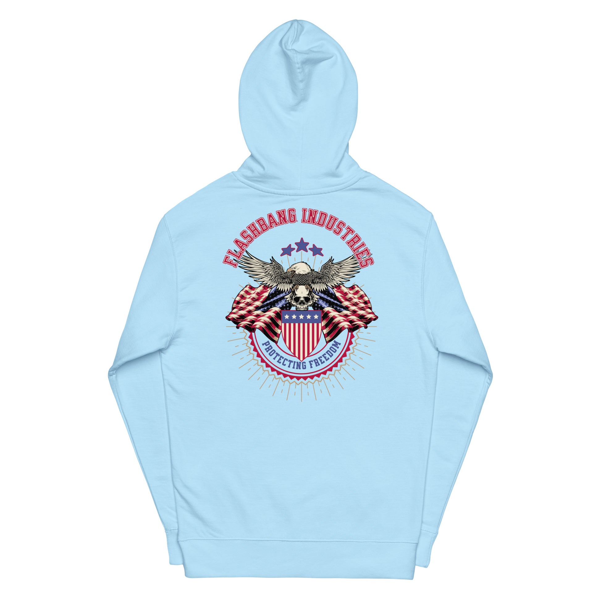 Light blue hoodie with an eagle and flag design on a white background