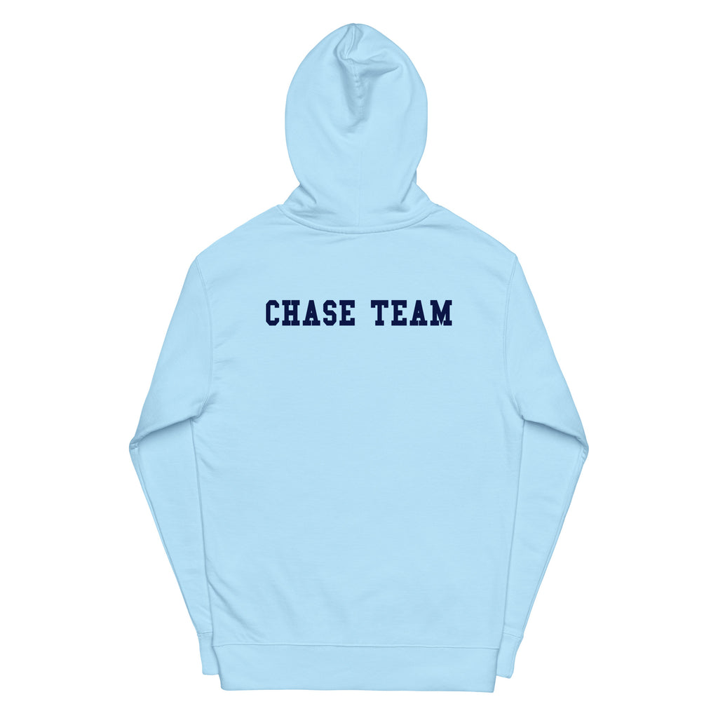 Light blue hoodie with 'CHASE TEAM' text on a white background