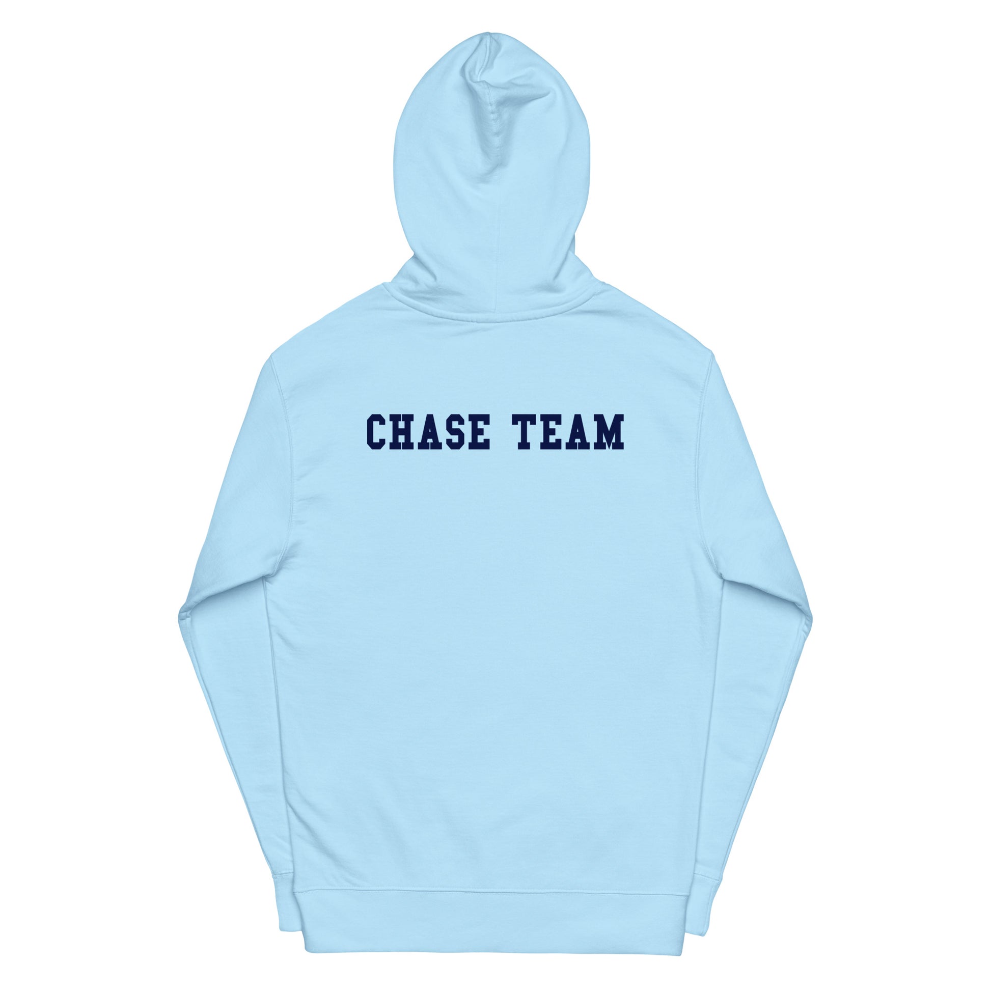 Light blue hoodie with 'CHASE TEAM' text on a white background