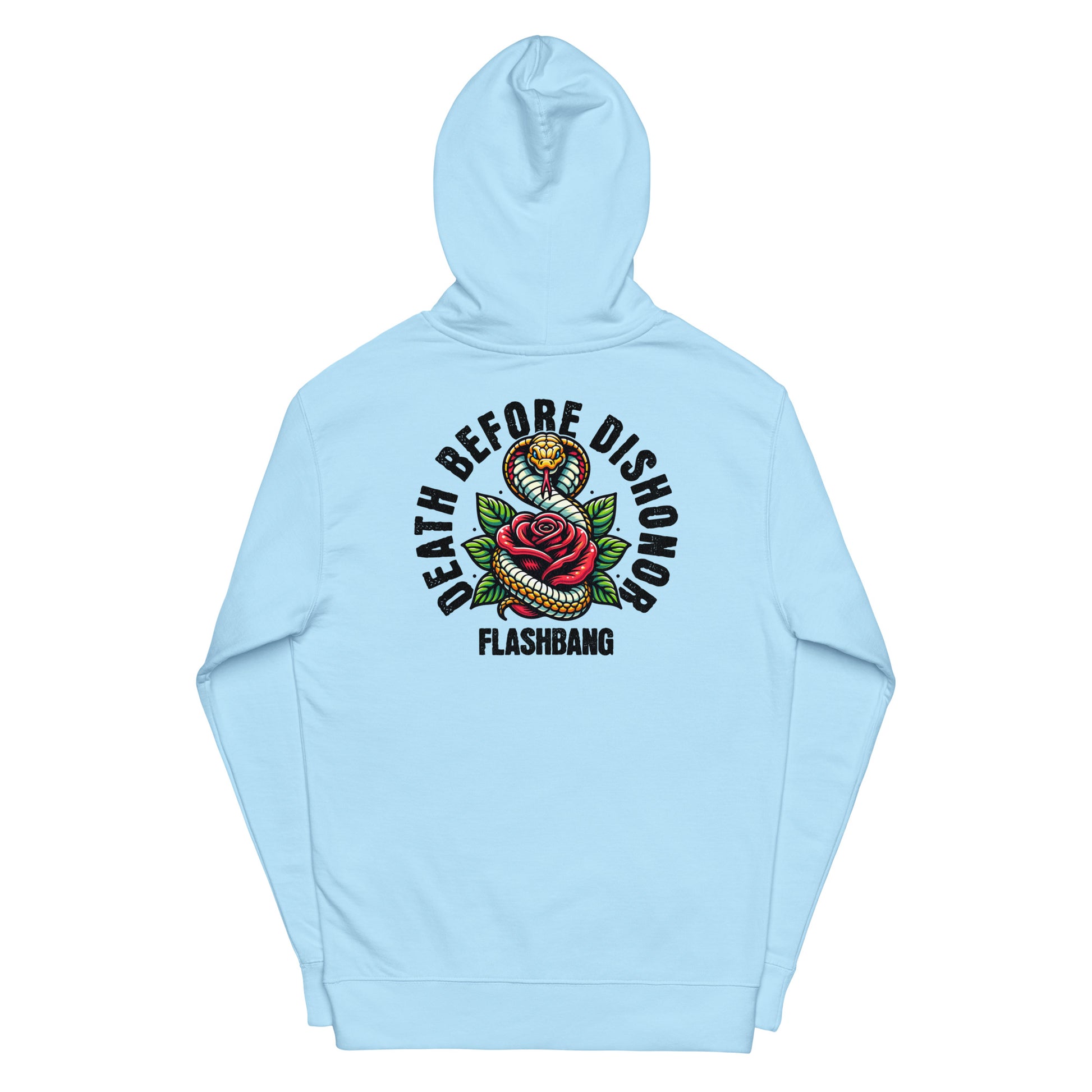 Light blue hoodie with 'Death Before Dishonor Flashbang' design on a white background