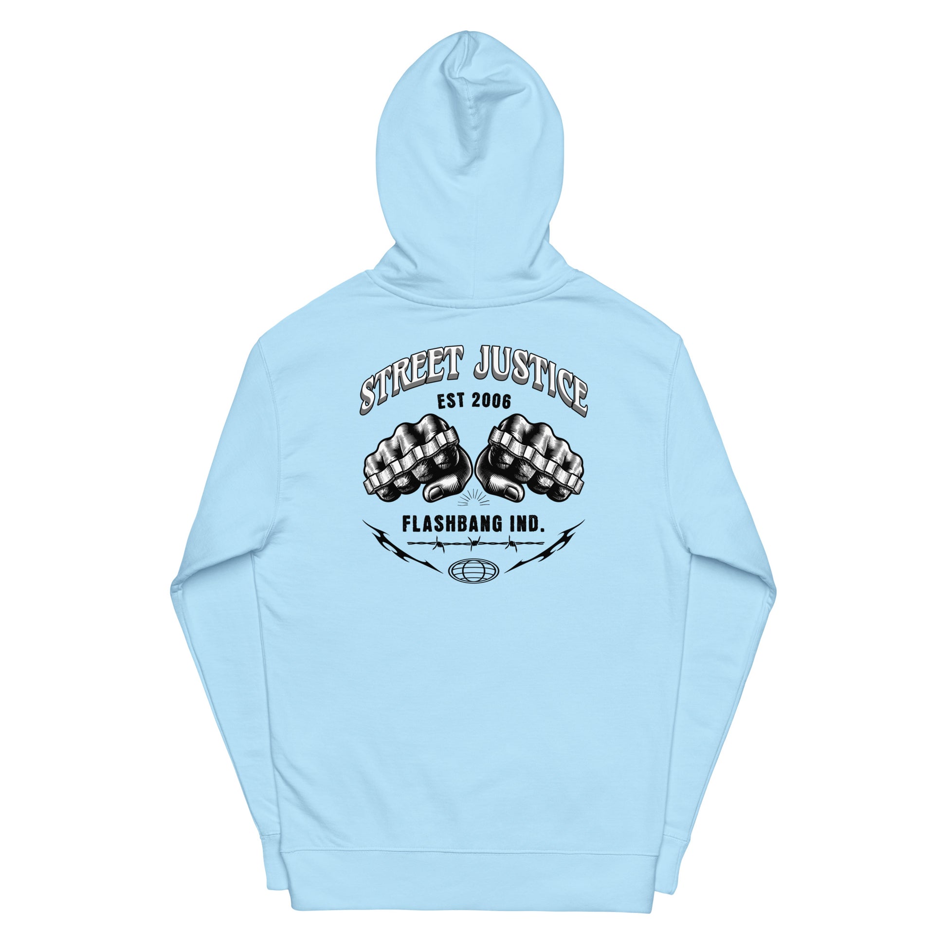 Light blue hoodie with 'Street Justice' graphic on a white background