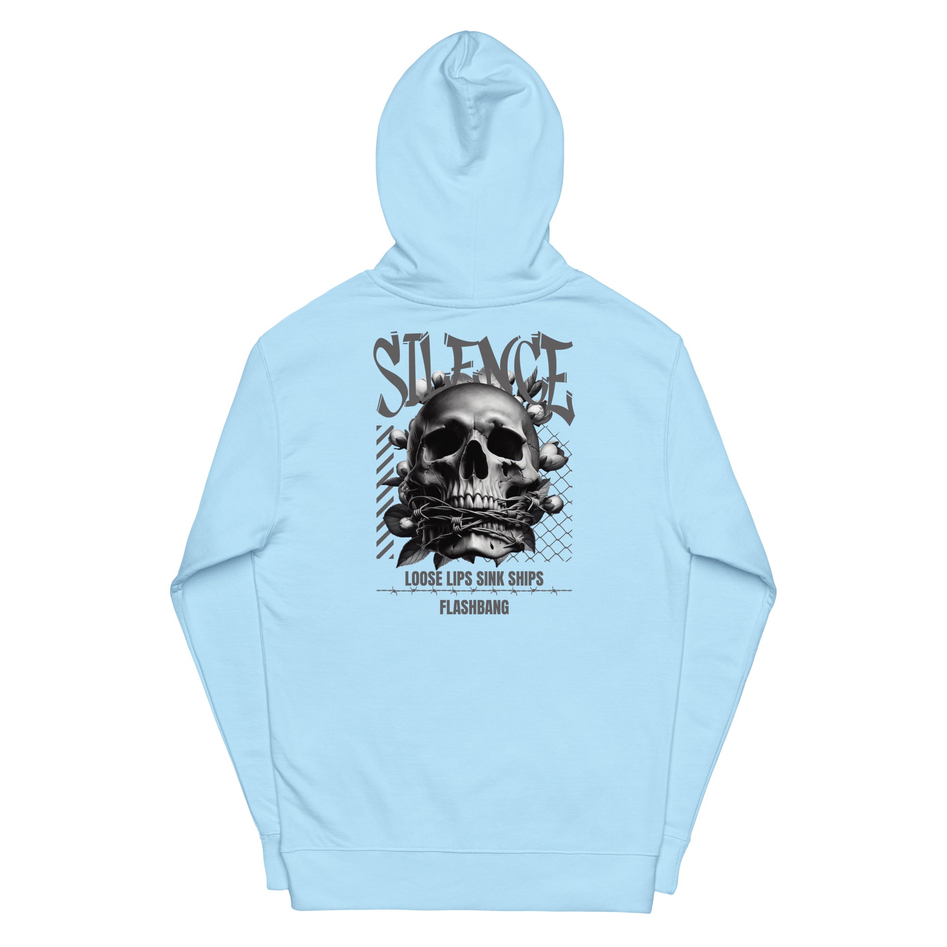 Light blue hoodie with a graphic design featuring a skull and text on a white background