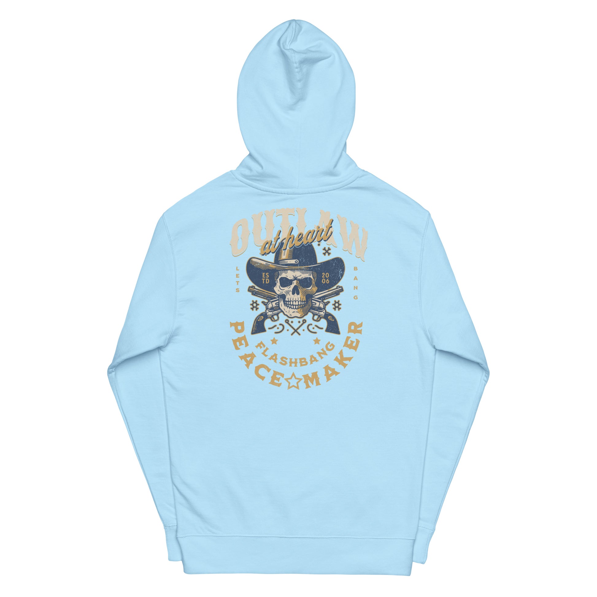 Light blue hoodie with a skull and text design on a white background