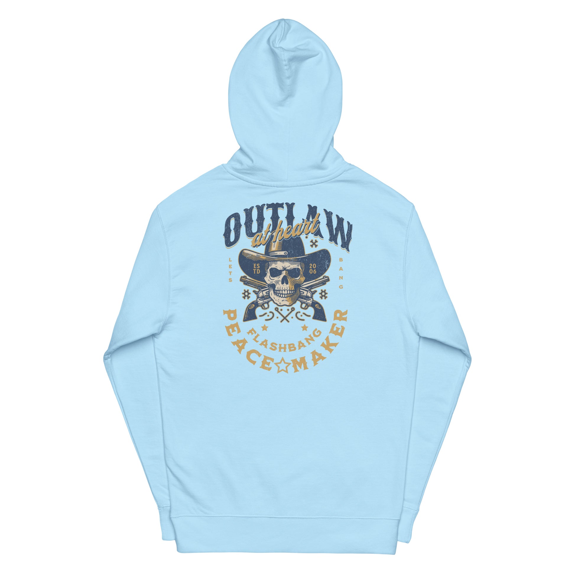 Light blue hoodie with skull and text design on a white background