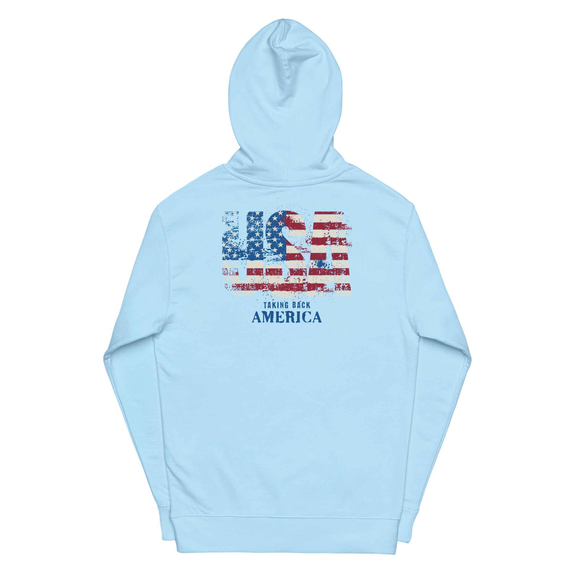 Light blue hoodie with American flag design and text on a white background