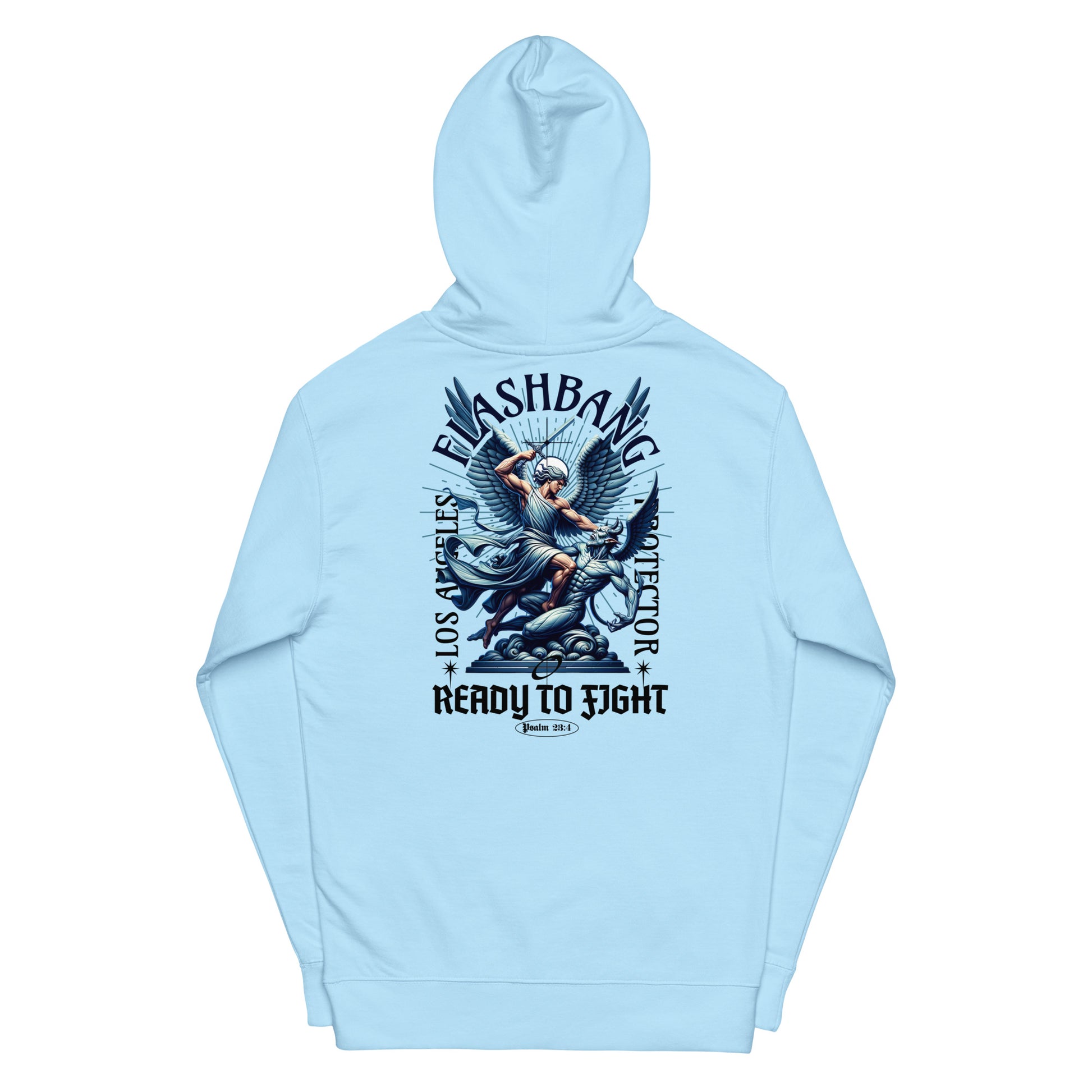 Light blue hoodie with graphic design on a white background