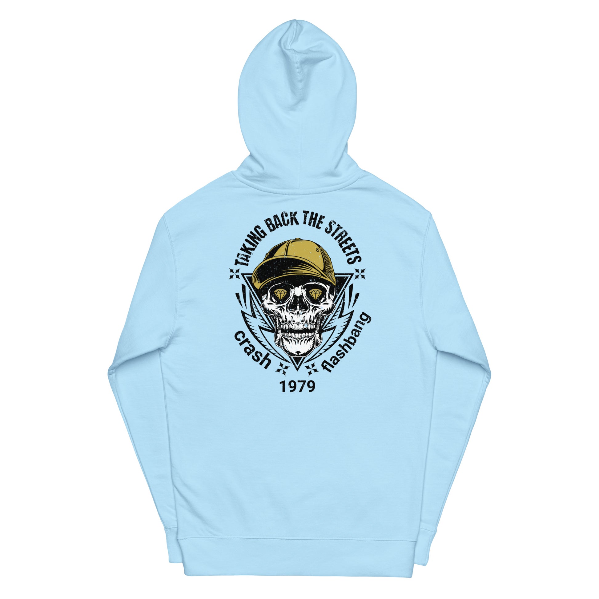 Light blue hoodie with a skull and cap graphic on a white background