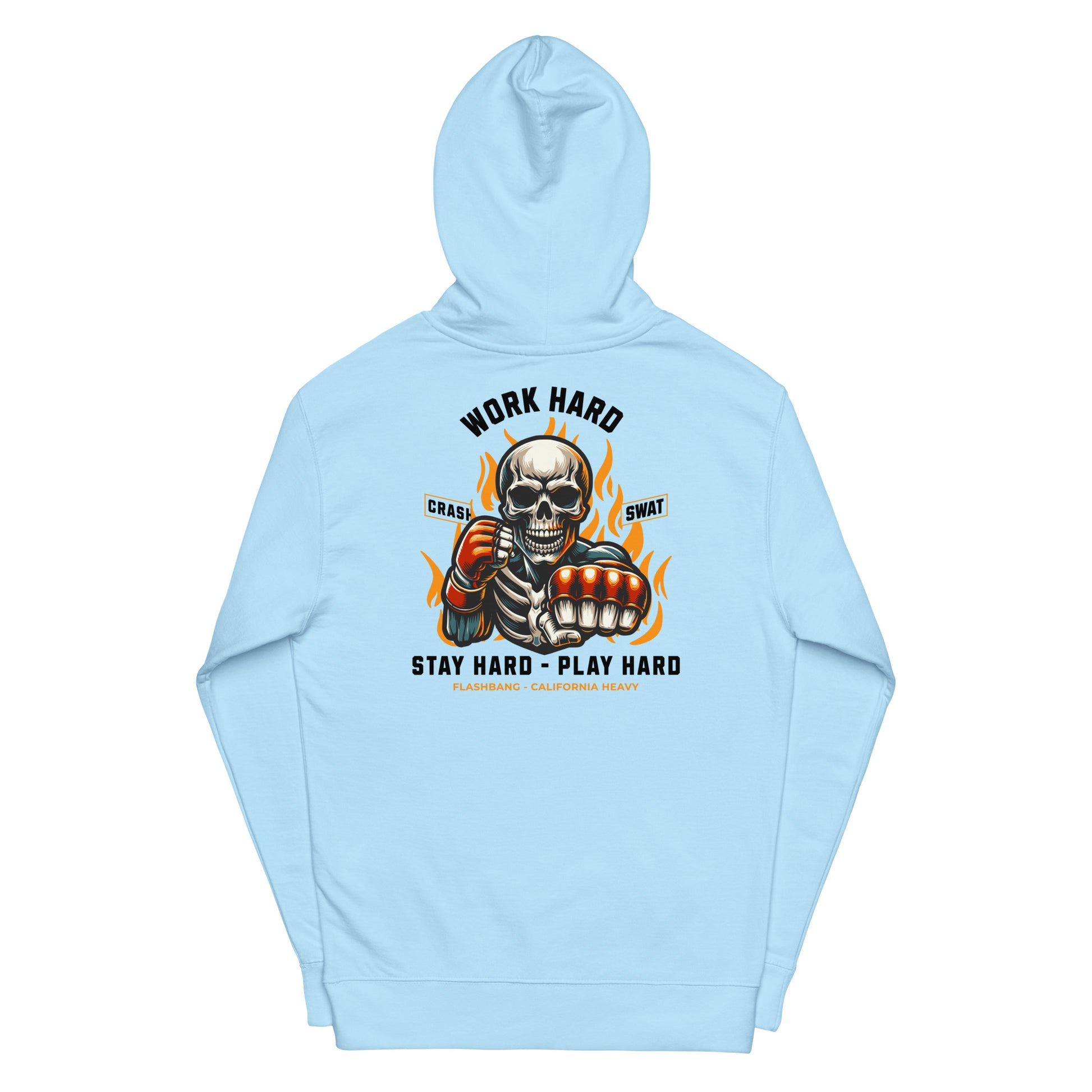 Light blue hoodie with a graphic design of a skeleton holding boxing gloves and text on the back.