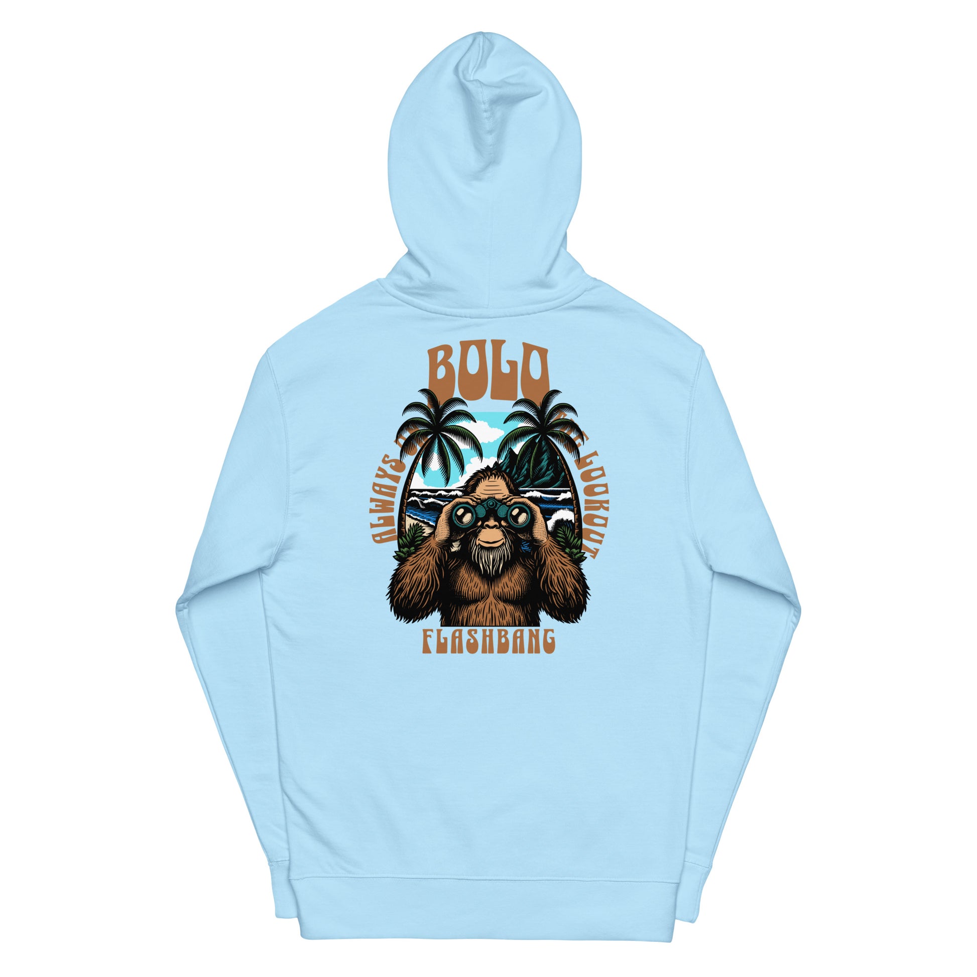 Light blue hoodie with a bear graphic and text on a white background