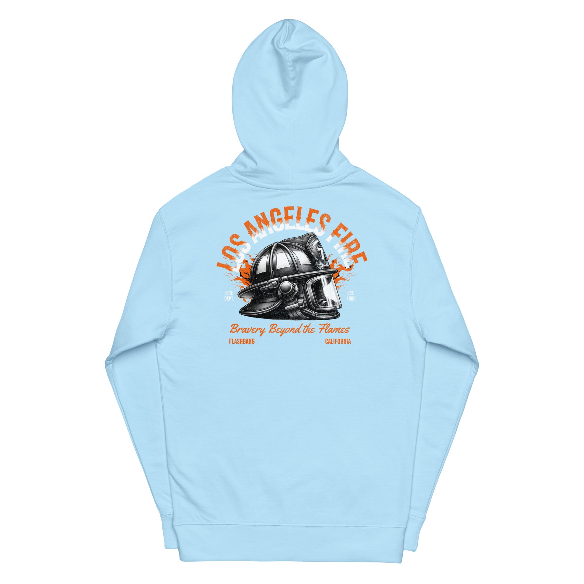 Light blue hoodie with a fire helmet graphic and text on a white background