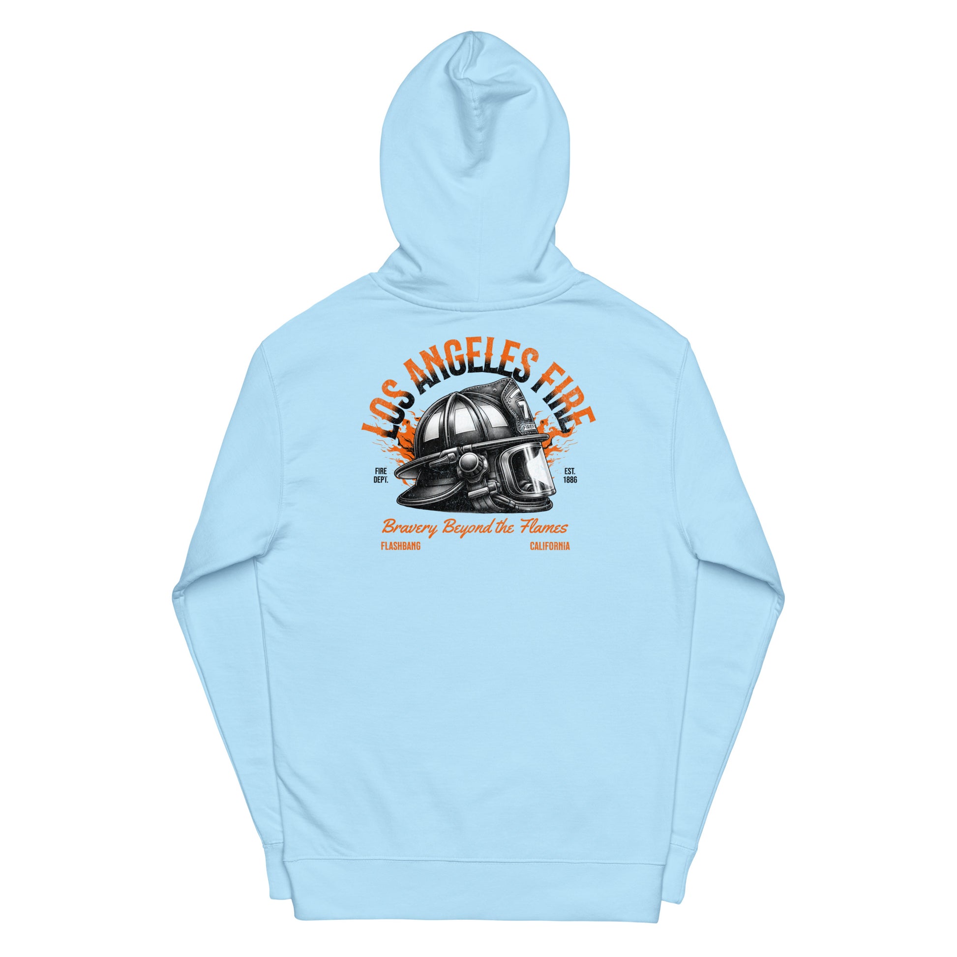 Light blue hoodie with 'Los Angeles Fire' graphic on a white background