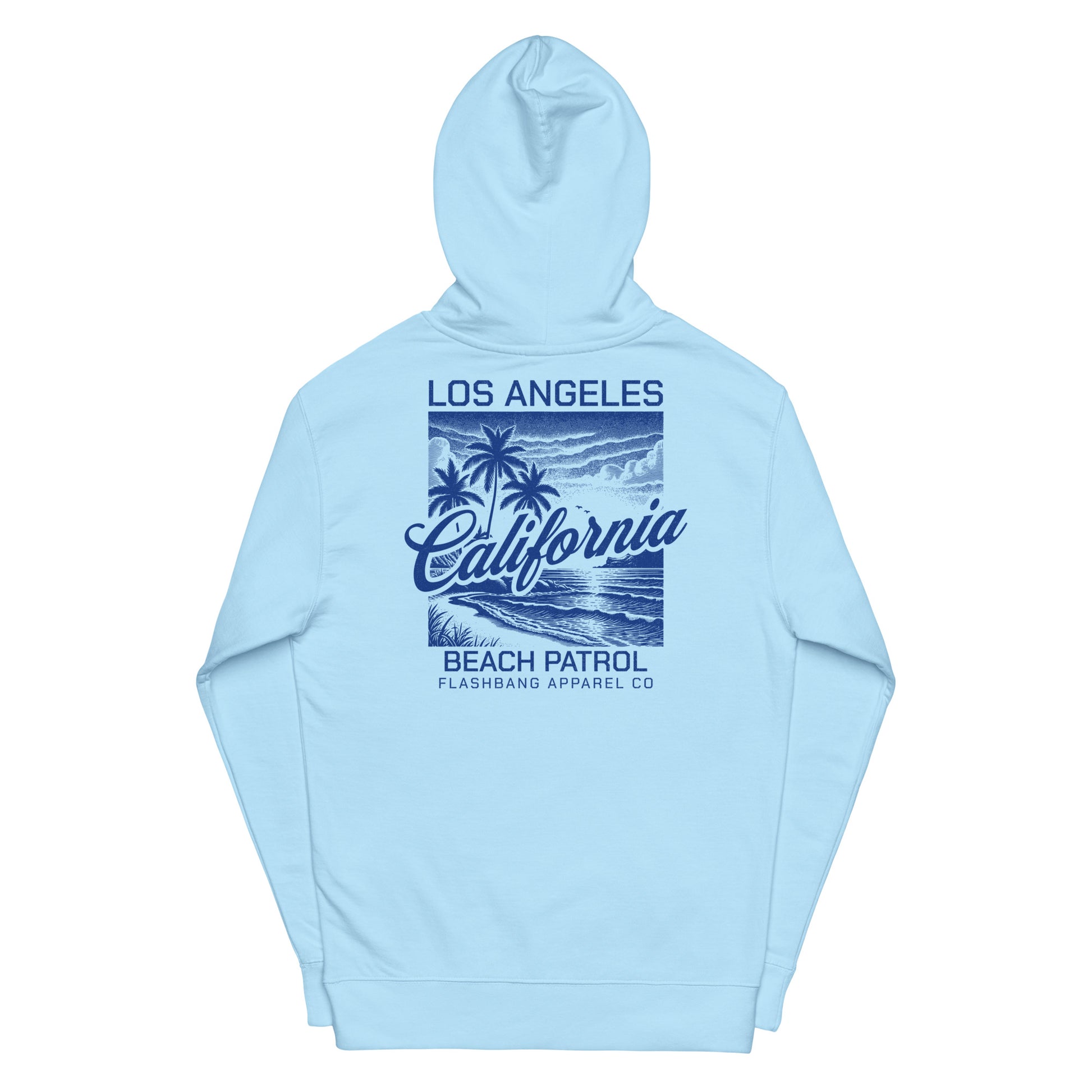 Light blue hoodie with 'Los Angeles California Beach Patrol' graphic on a white background