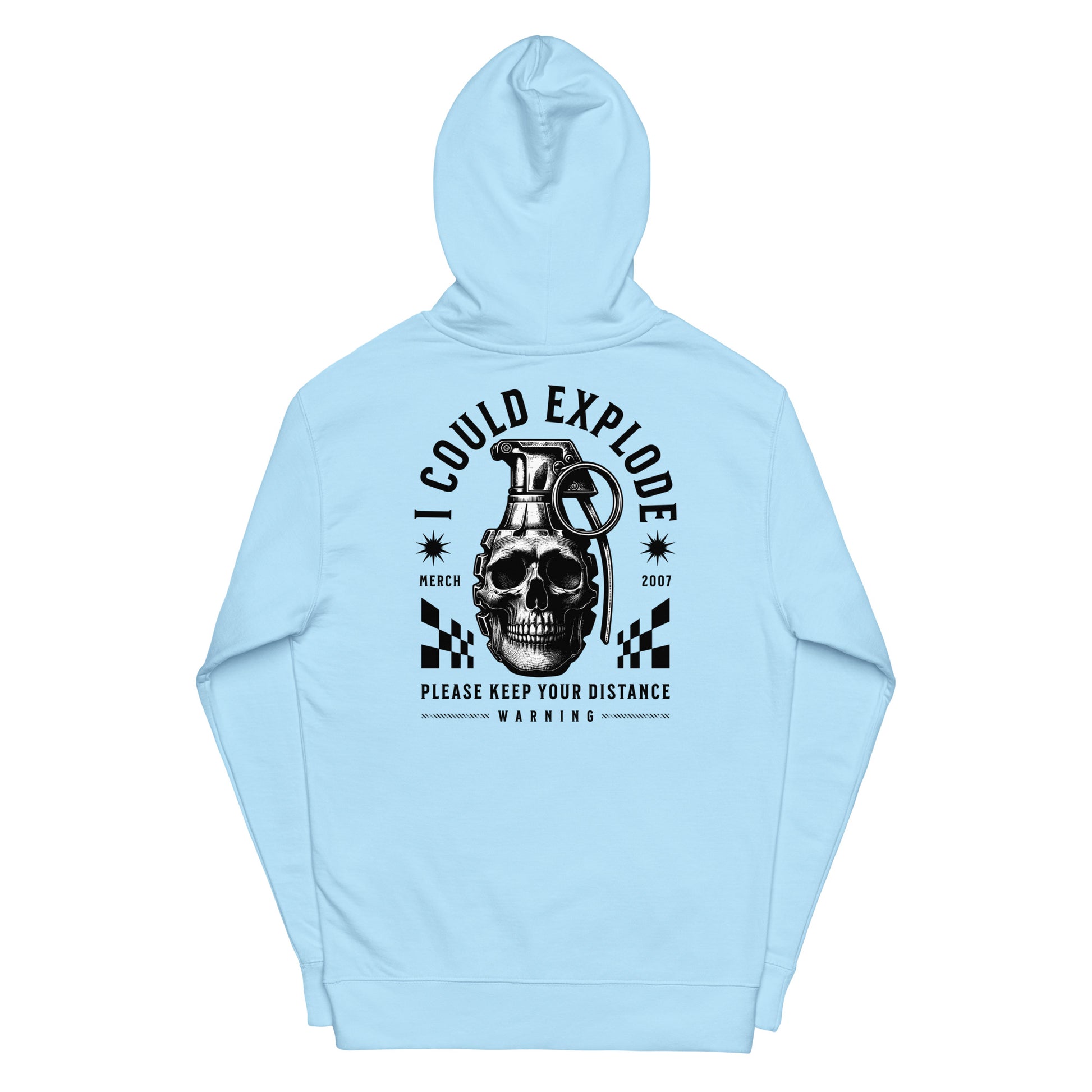 Light blue hoodie with a graphic design on the back featuring a skull and text.